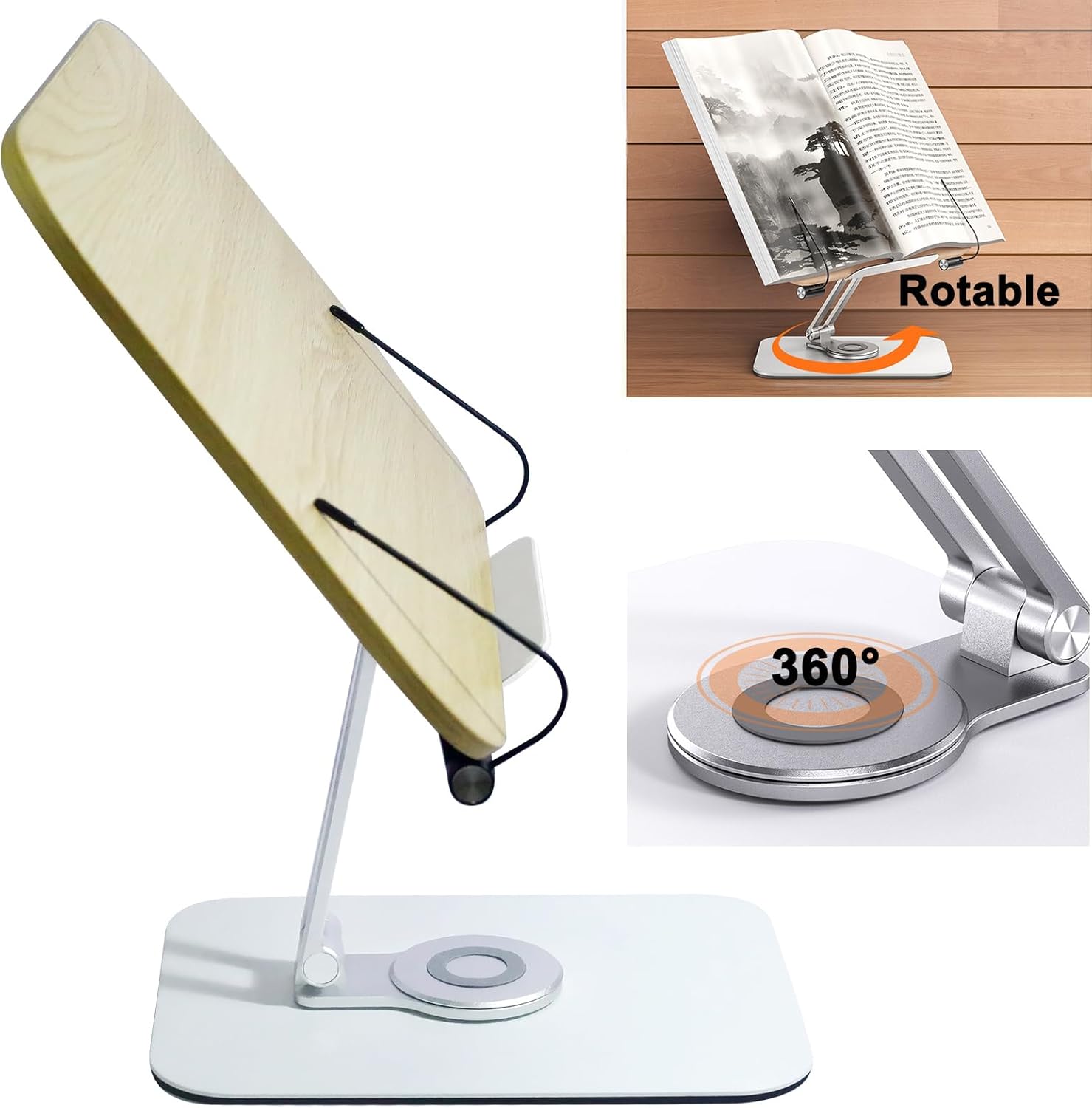 DCHAV Soporte de escritorio plegable para libros de cocina, soporte ajustable para partituras con base giratoria de 360 grados, clip de página de