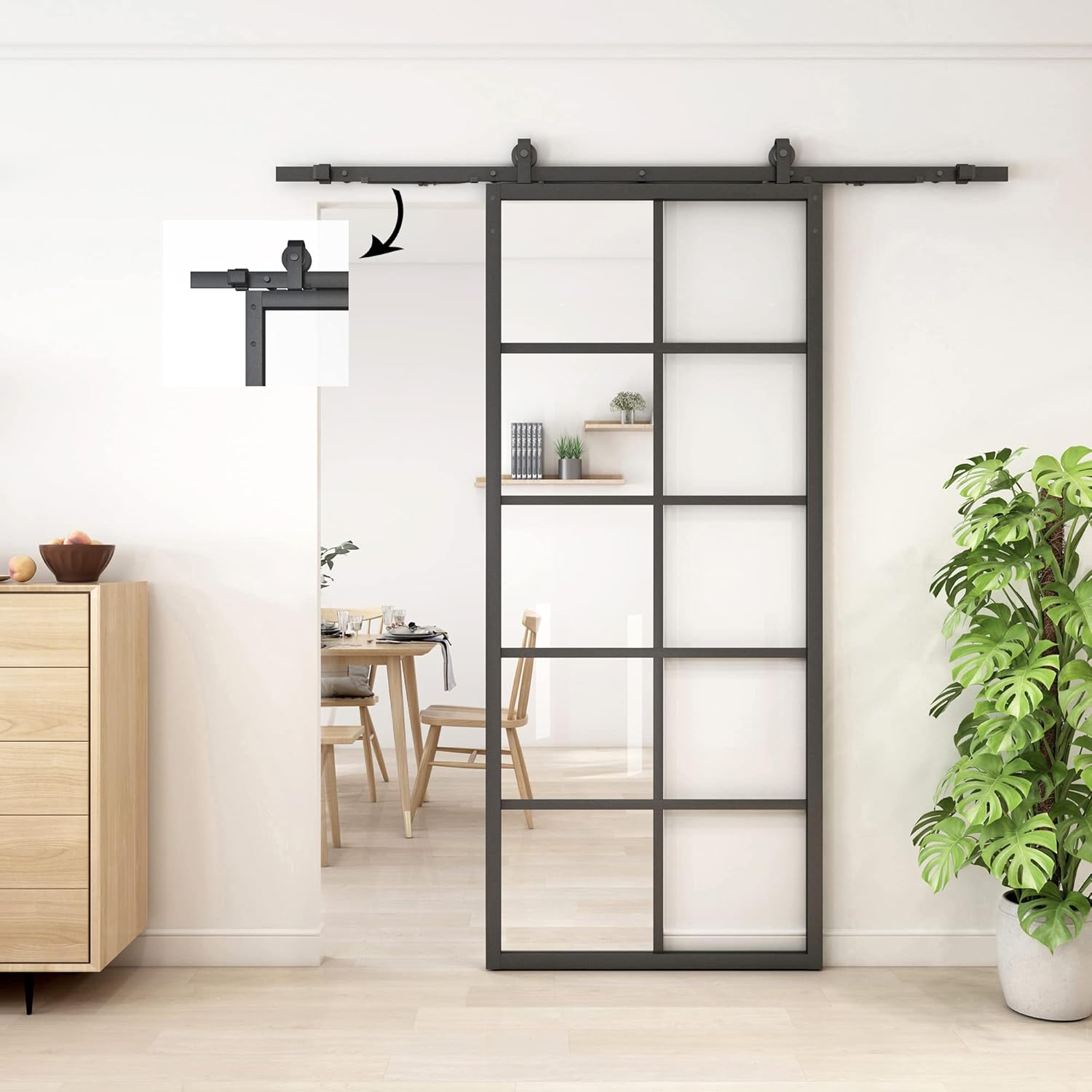 JUBEST Puerta corrediza de granero de vidrio de 36 x 84 pulgadas con kit de herramientas de 6.6 pies y cierre suave incluido, marco de aluminio