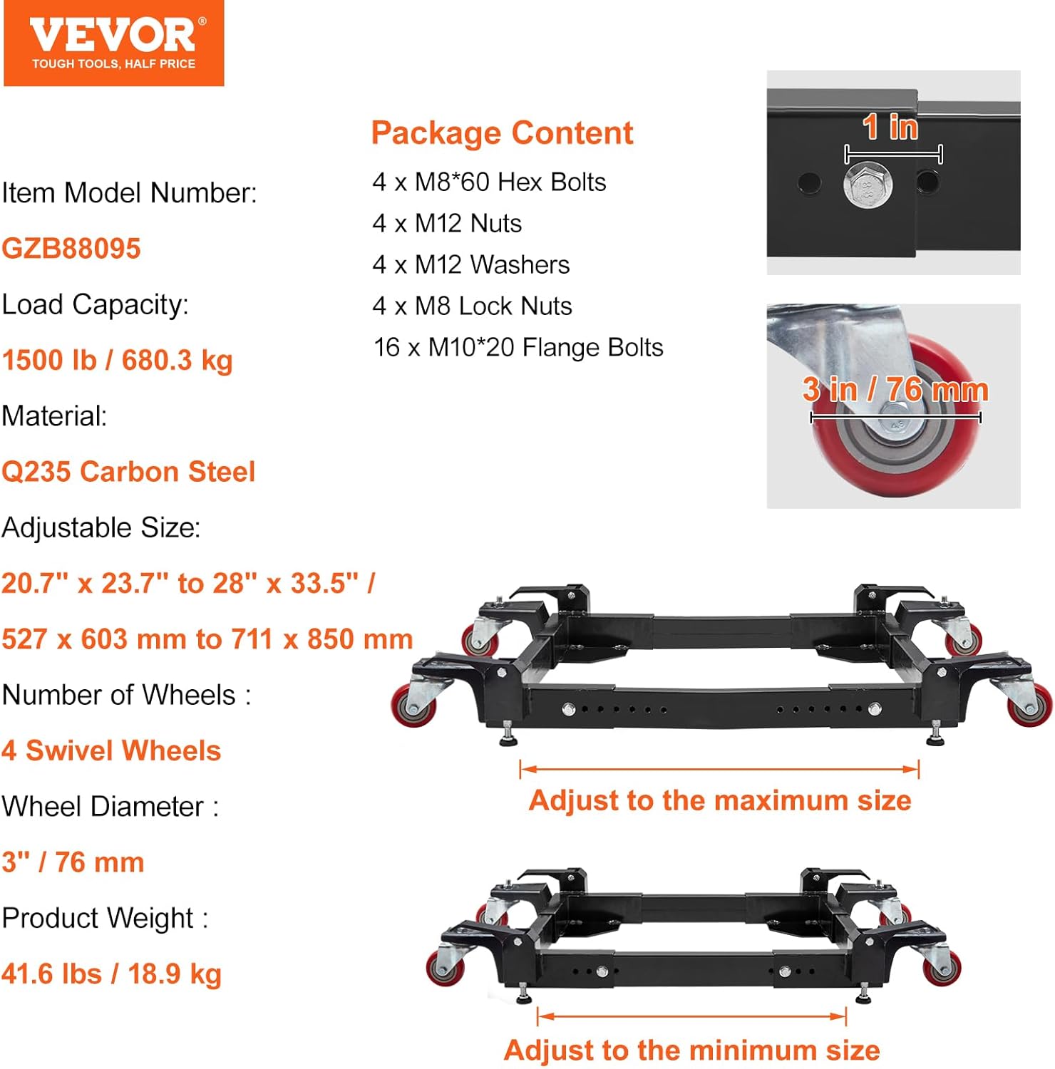 VEVOR Base móvil, capacidad de 1500 libras, ajustable de 20.7 x 23.7 pulgadas a 28 x 33.5 pulgadas, soporte de base móvil universal resistente con 4
