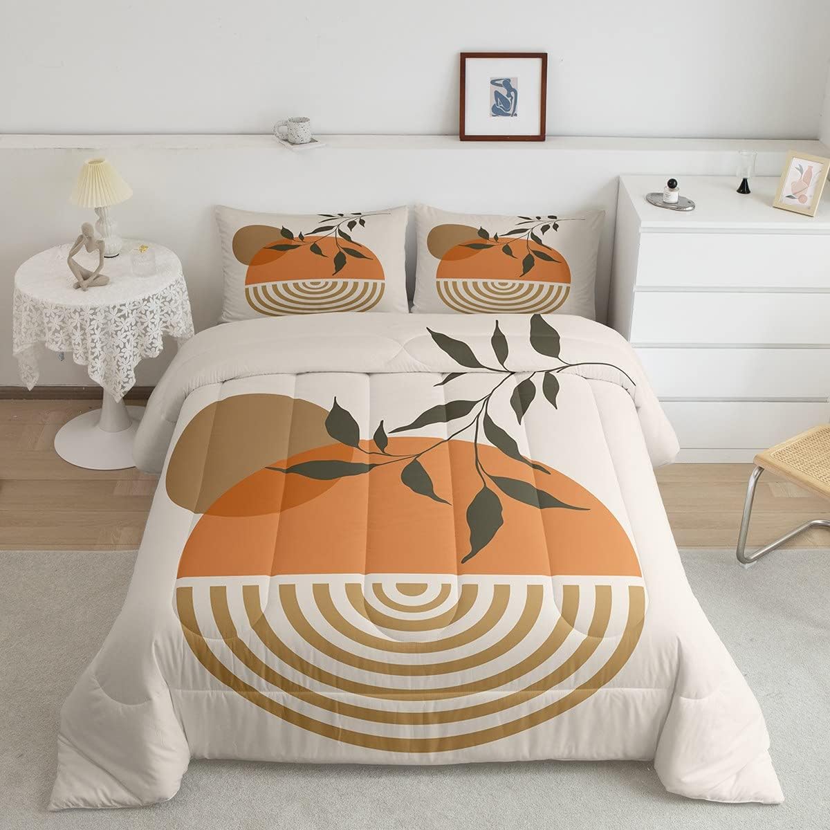 Juego de ropa de cama tamaño Queen con diseño de hojas bohemias para niñas, niños, adolescentes, mujeres, abstracto, exótico, geométrico, moderno,