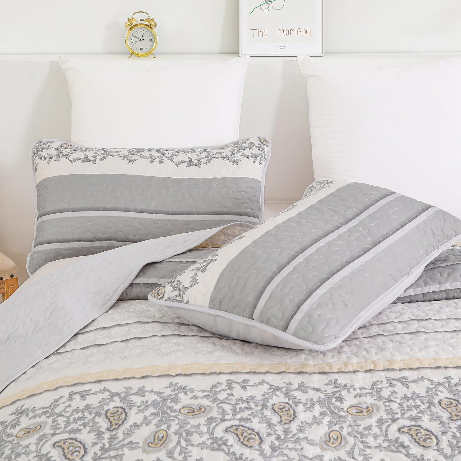 Anibedding Juego de edredón gris tamaño King de 3 piezas con estampado de cachemira, reversible, bohemio, a rayas, con 2 fundas de almohada, para