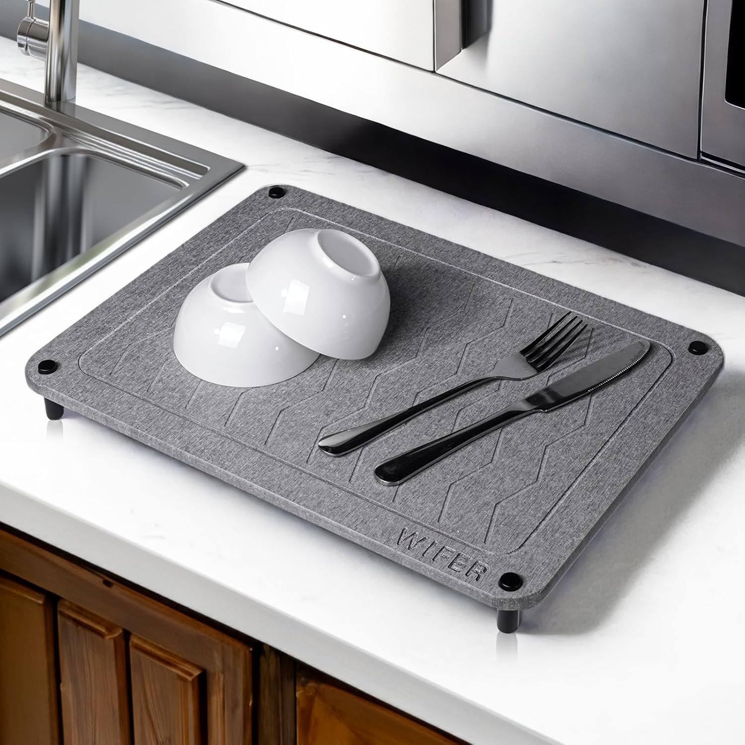 WIFER Tapete de secado de piedra para encimera de cocina, tapete de secado de platos de tierra de diatomeas súper rápida y absorbente para múltiples