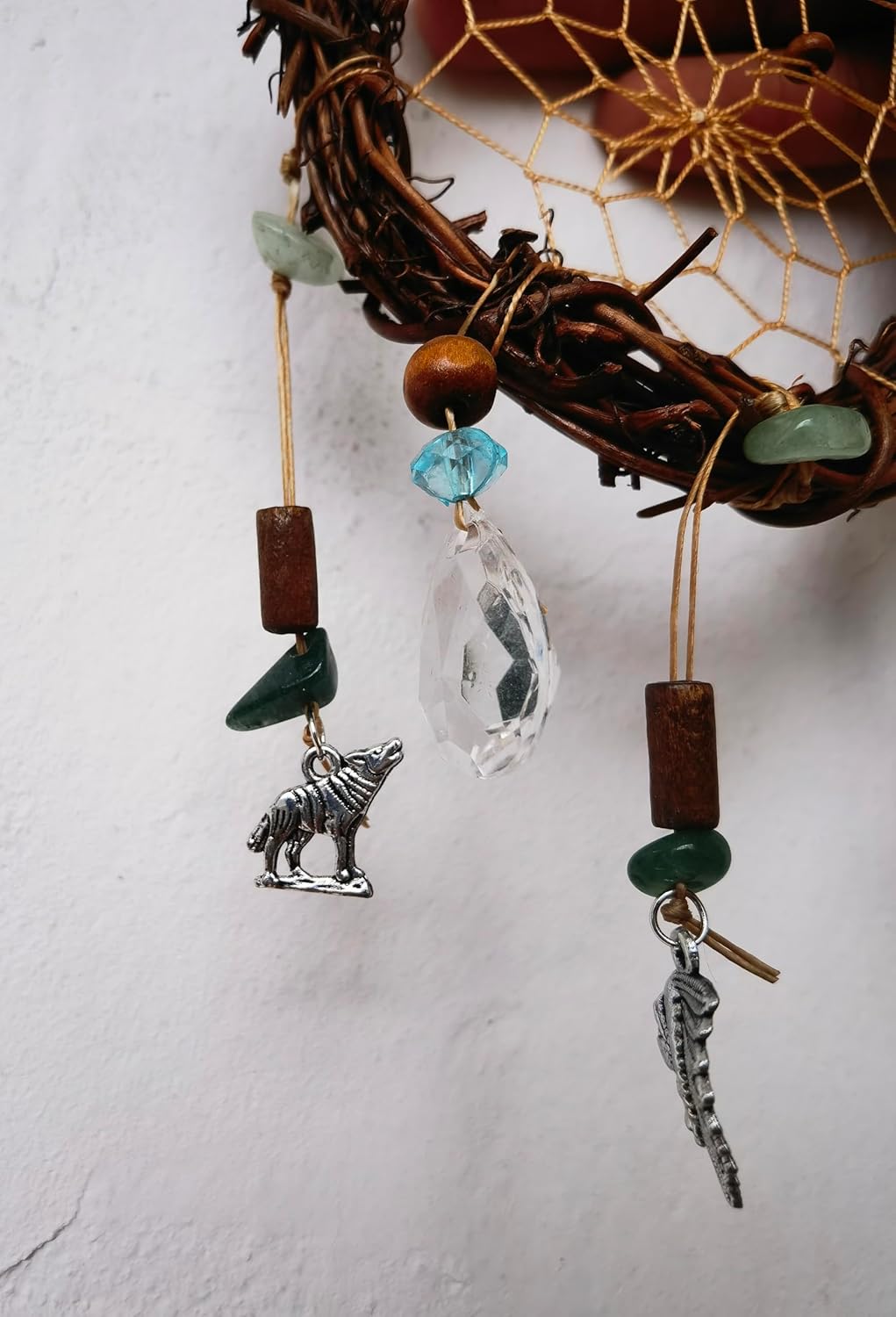 Atrapasueños de ratán natural con aleación de oso lobo jefe colgante de decoración de pared regalo para niños Remorlet