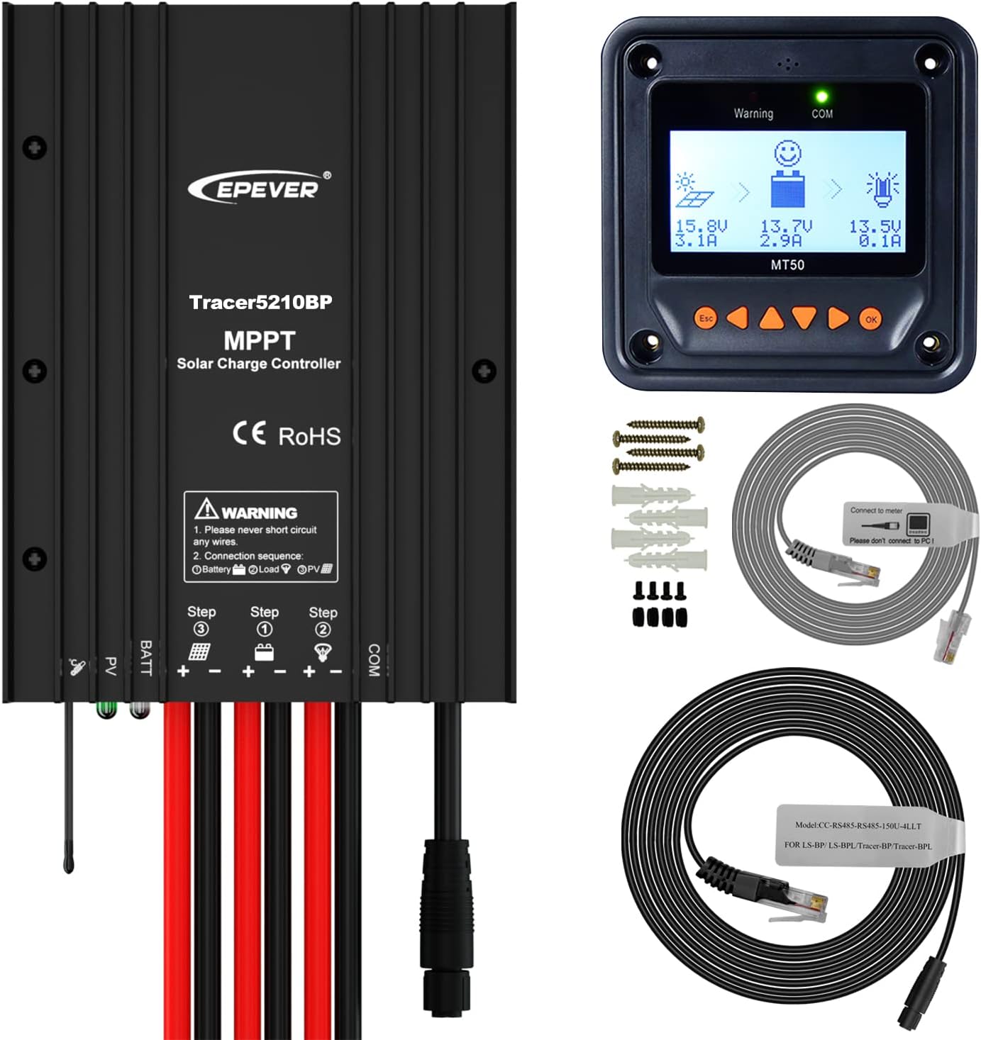 EPEVER IP68 Waterproof 30A MPPT Solar Charge Controller 12V 24V Auto, Solar Panel Battery Intelligent Regulator with MT50 and RS485 Cable, Used in