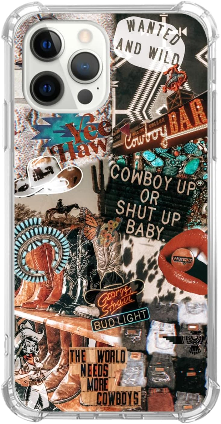 Funda de collage de vaquera occidental para iPhone 15 Pro Max, funda de TPU única de moda para iPhone 15 Pro Max, vaquera vaquera Howdy Western