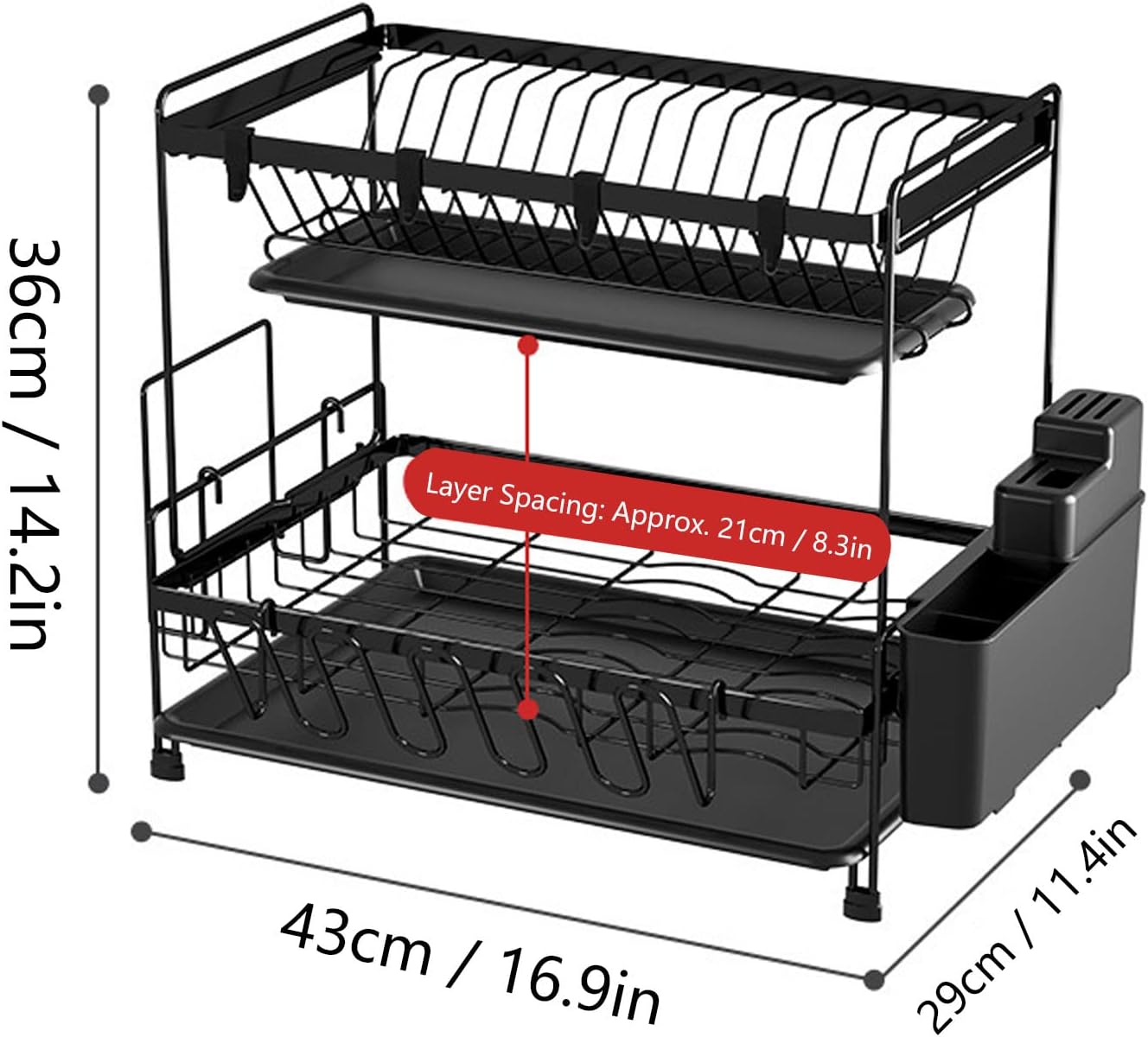Escurridor de platos de 2 niveles con escurridor, acero al carbono a prueba de óxido, desmontable para organización de encimera de cocina y espacio