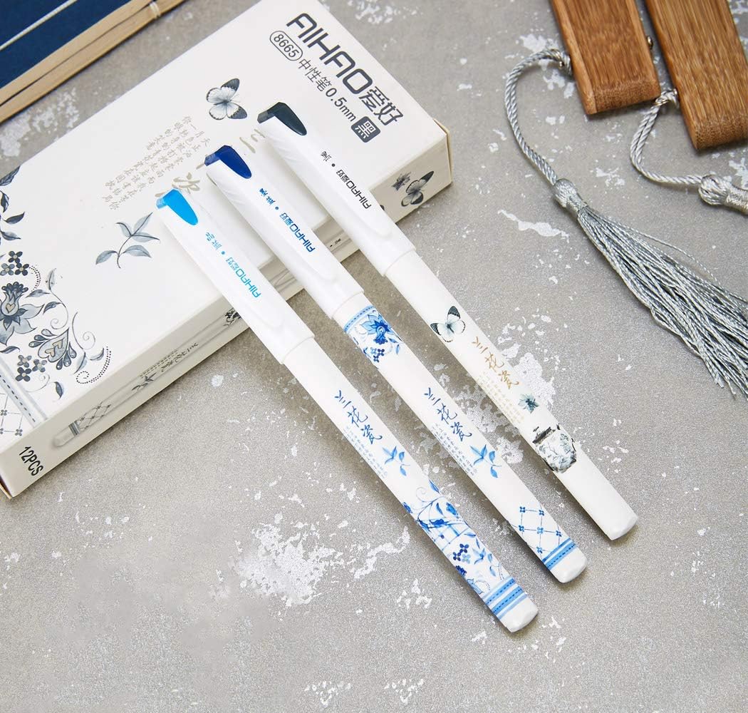 czxwyst 8665 Bolígrafos de tinta de gel con patrón de porcelana de orquídea, punta fina de 0.020 in (negro, paquete de 12)