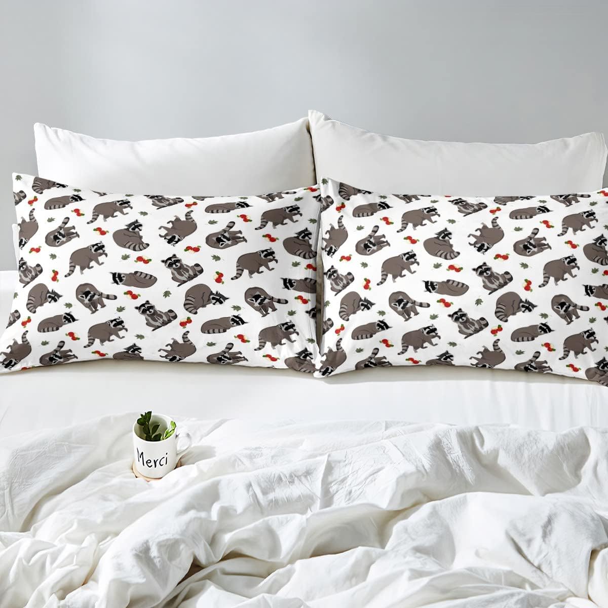 Feelyou Juego de edredón de mapaches lindos de dibujos animados para niños y niñas, bonito juego de ropa de cama con decoración de hojas de manzana,