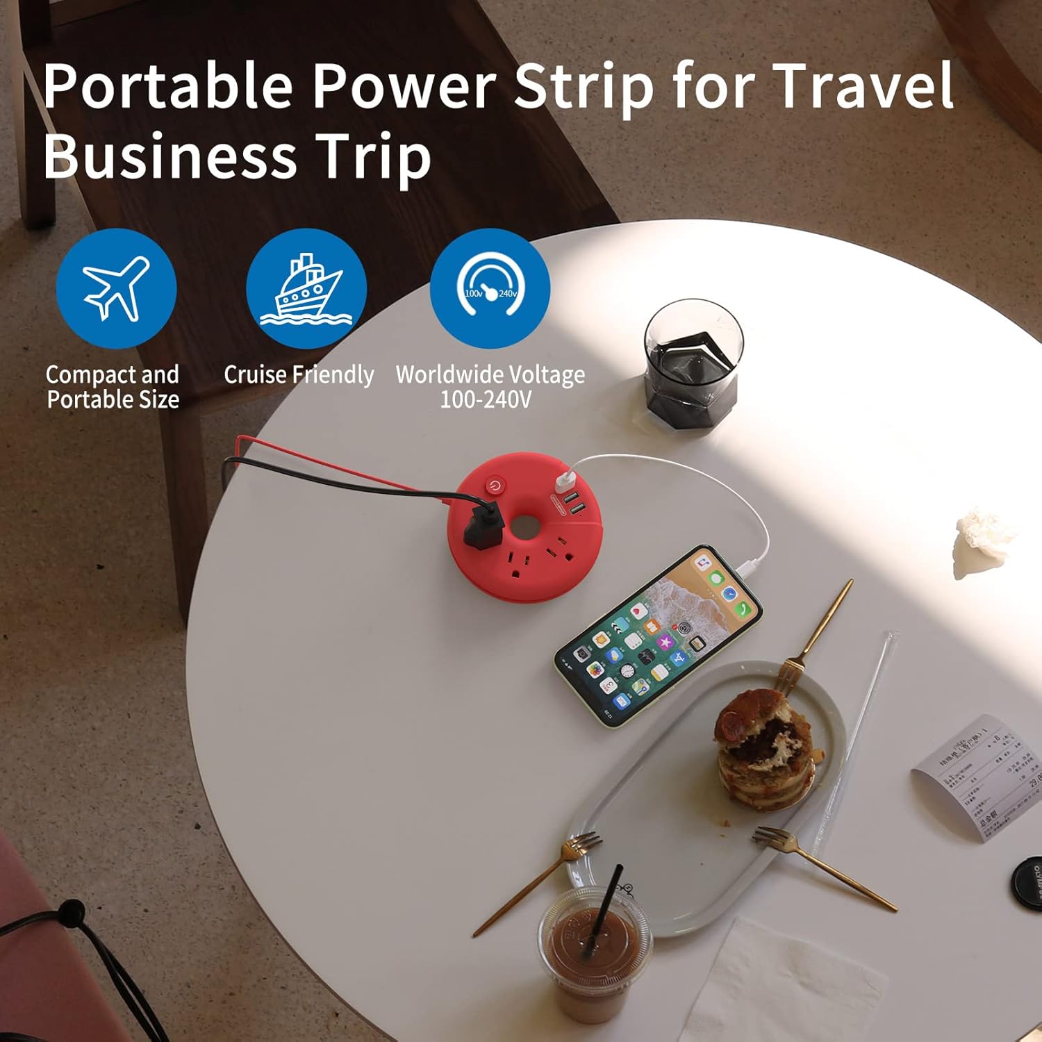 NTONPOWER – Regleta de alimentación de viaje con puertos USB, cable de extensión de viaje de 5 pies con 3 tomacorrientes, 3 USB, estación de carga