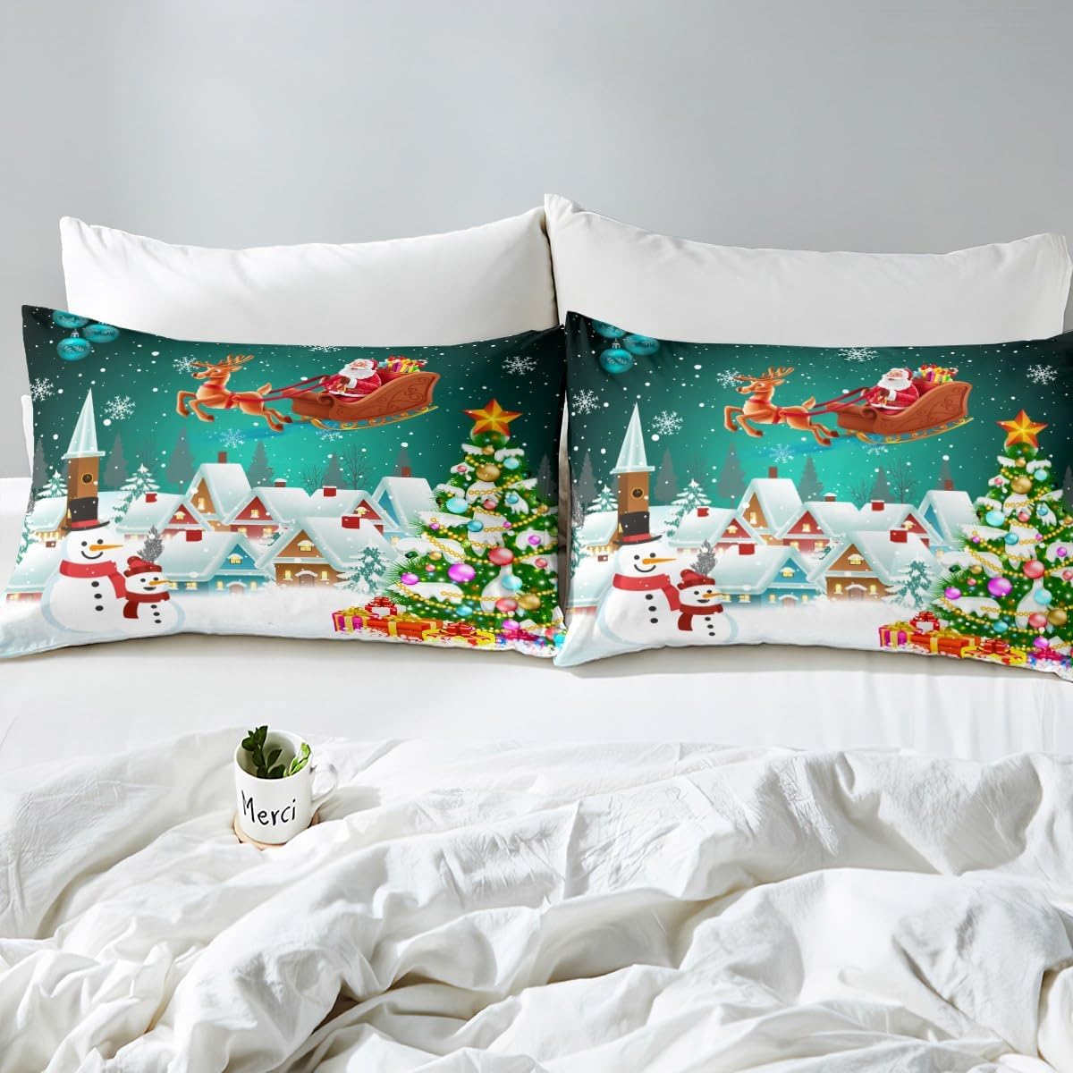 Manfei Juego de funda de edredón de Navidad, tamaño individual, juego de ropa de cama de árbol de Navidad, muñeco de nieve, 2 piezas para decoración