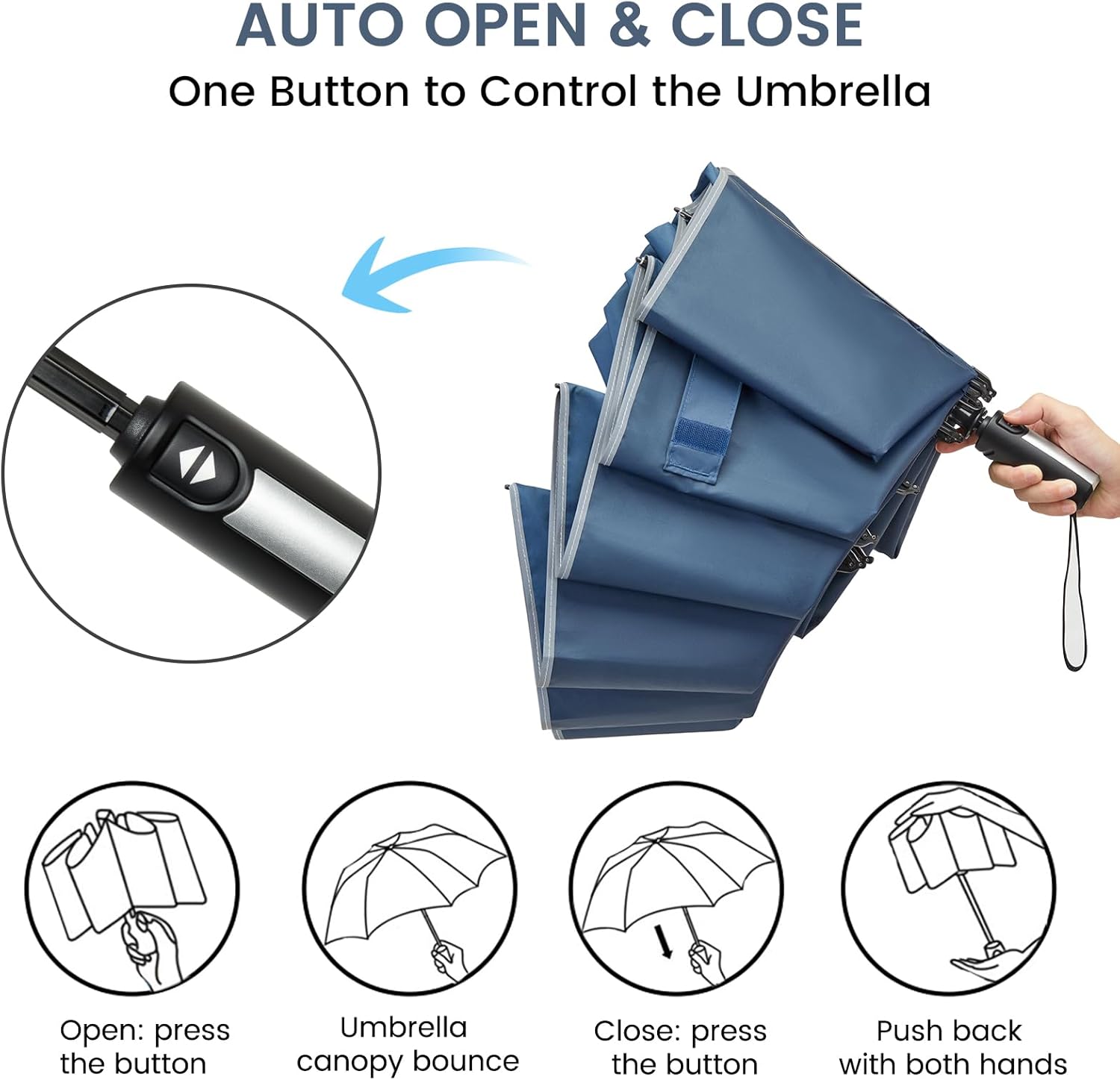 G4Free Paraguas invertido resistente al viento de 62 pulgadas con rayas reflectantes, paraguas grande y compacto de golf para lluvia, 10 varillas,