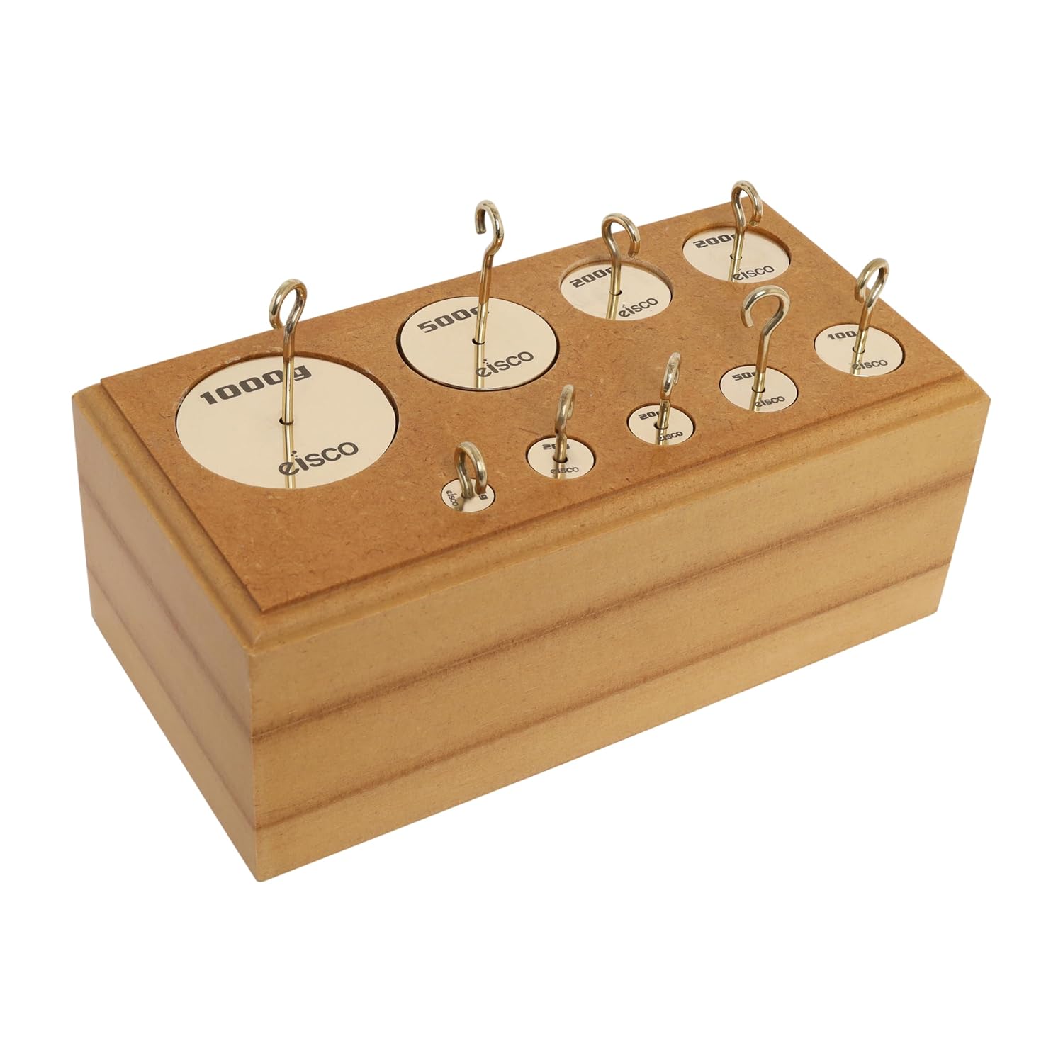 Eisco Labs – Juego de 9 pesas de latón con gancho, 0.35-35.27oz en bloque de madera