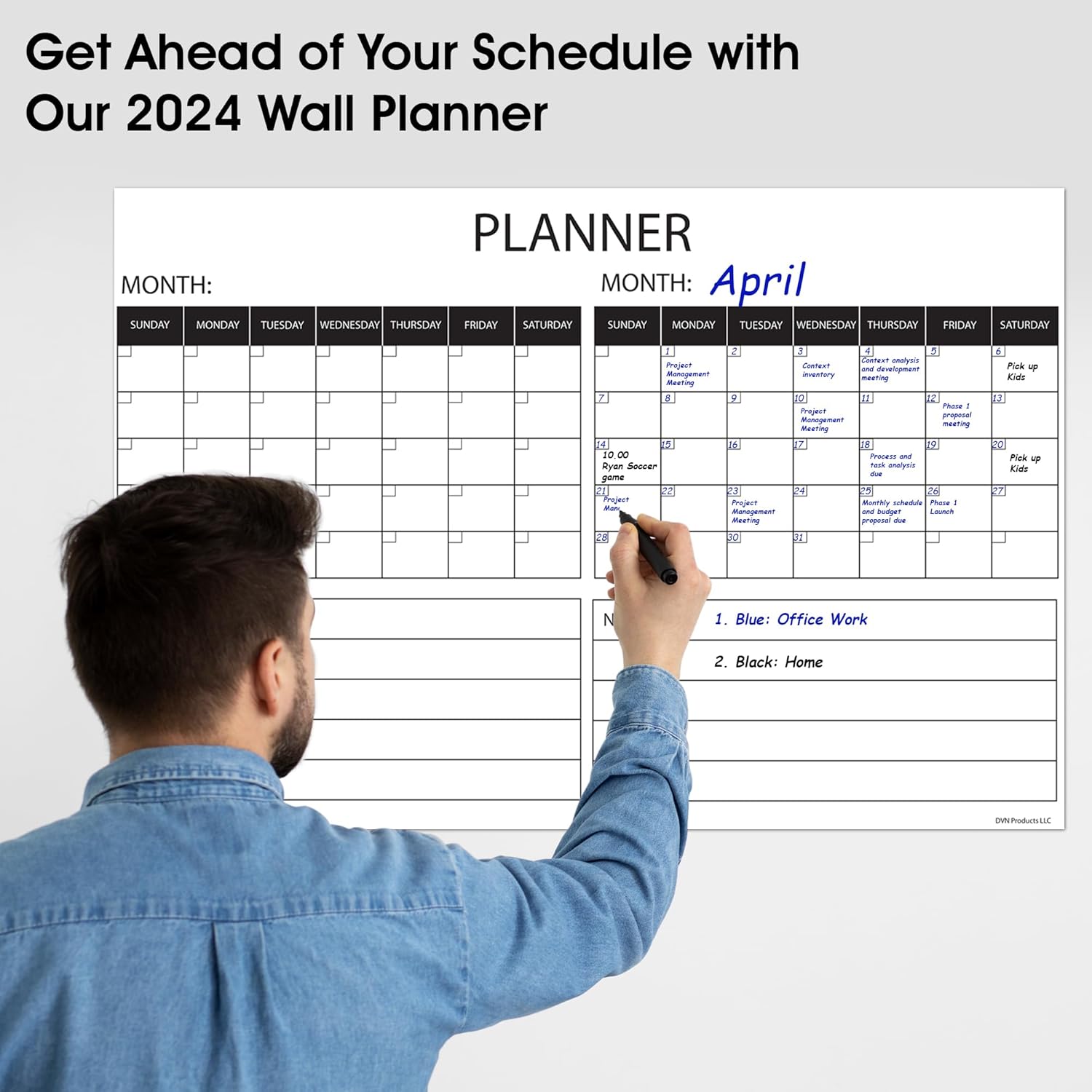 Calendario grande de borrado en seco para pared, planificador de pared anual de 2 meses, calendario laminado borrable y reutilizable, tamaño 36 x 24