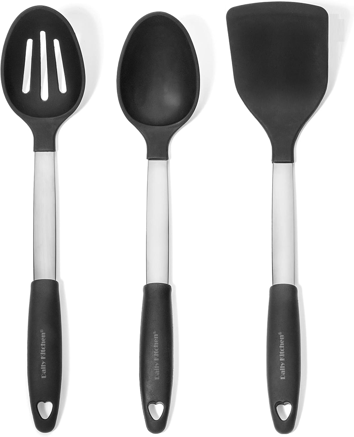 Juego de cucharas y espátulas de silicona resistente al calor y acero inoxidable – Cucharas y volteador sólido con agarre de goma – Espátulas y