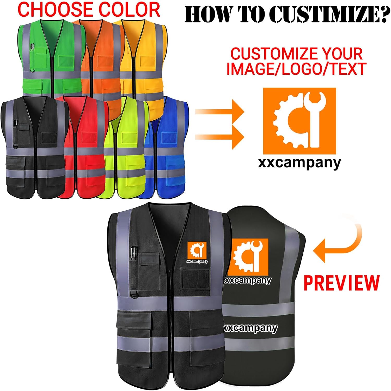 Chaleco de seguridad personalizado para hombres con bolsillos de logotipo, chalecos reflectantes de alta visibilidad, ropa de trabajo de seguridad