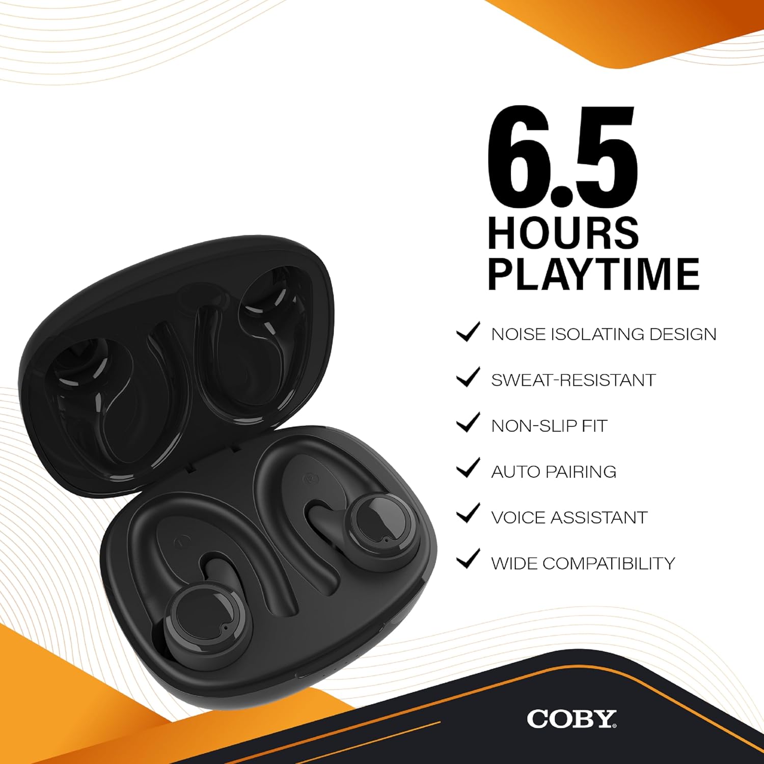 Coby Auriculares Bluetooth inalámbricos verdaderos  Ganchos y puntas intercambiables  Resistente al sudor  Tiempo de reproducción de 14 horas