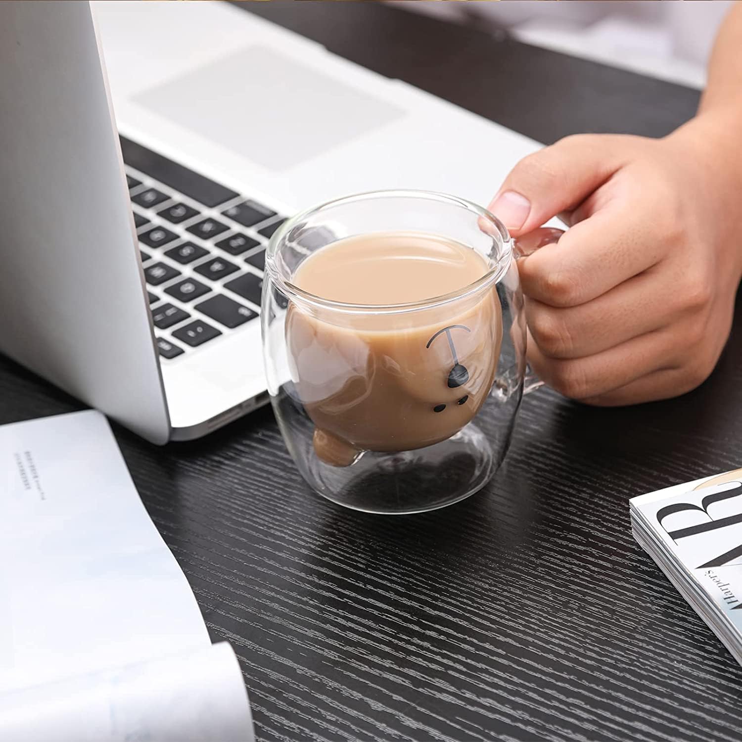Tazas de café de oso de vidrio, capacidad de 8 onzas, 8.5 fl oz, aislamiento de doble pared, lindas tazas de café para niños, leche, cerveza para
