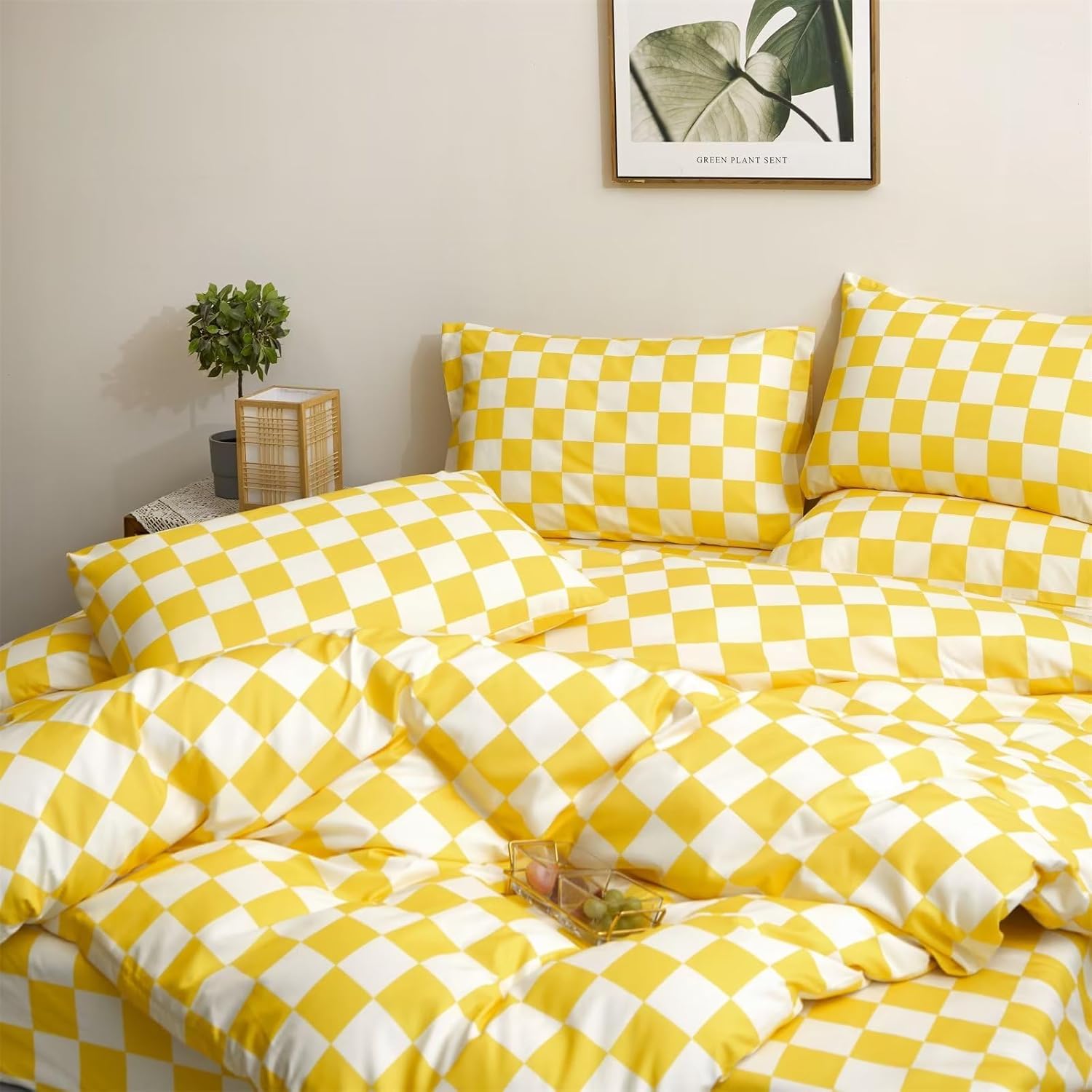 Cottonight Juego de edredón amarillo tamaño Queen, juego de ropa de cama a cuadros con patrón de cuadros amarillo brillante y blanco, edredón suave