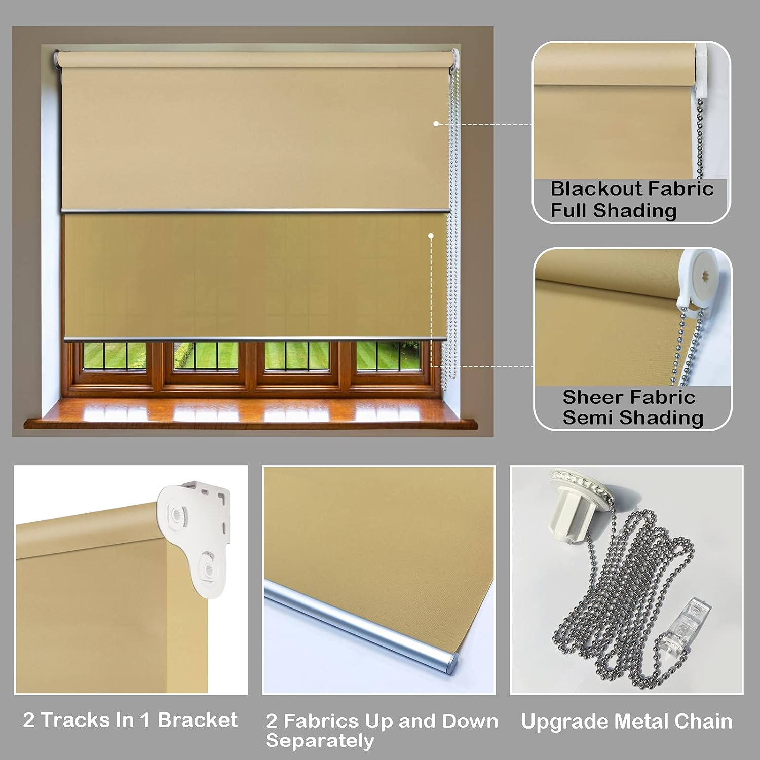 LETAU Persianas inalámbricas de doble capa, 2 persianas en 1 ventana, 100% opacas y 50% opacas alternativas, proporcionan soluciones de control de