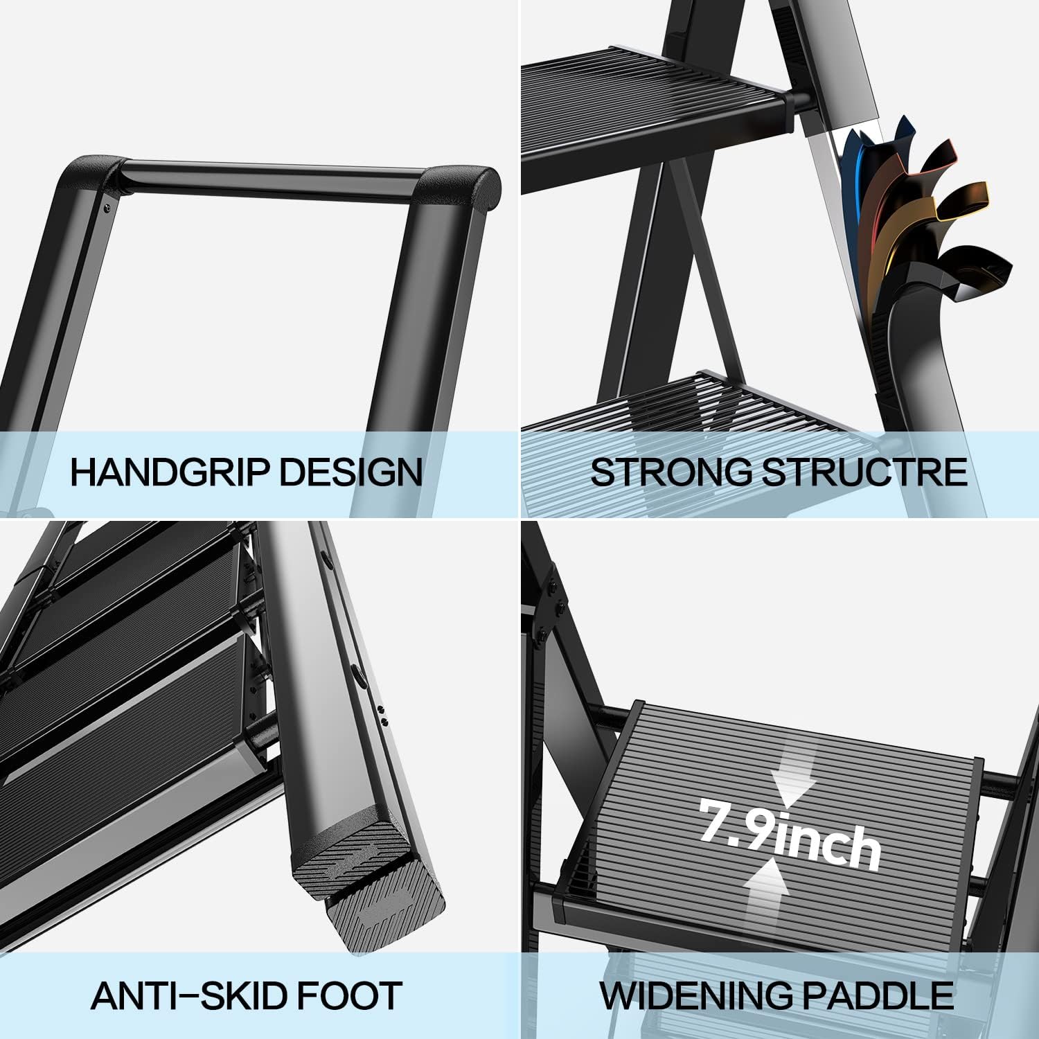 GameGem Escalera de 4 escalones, taburete plegable de aluminio con pedal antideslizante resistente y ancho, escalera de mano ligera y portátil con
