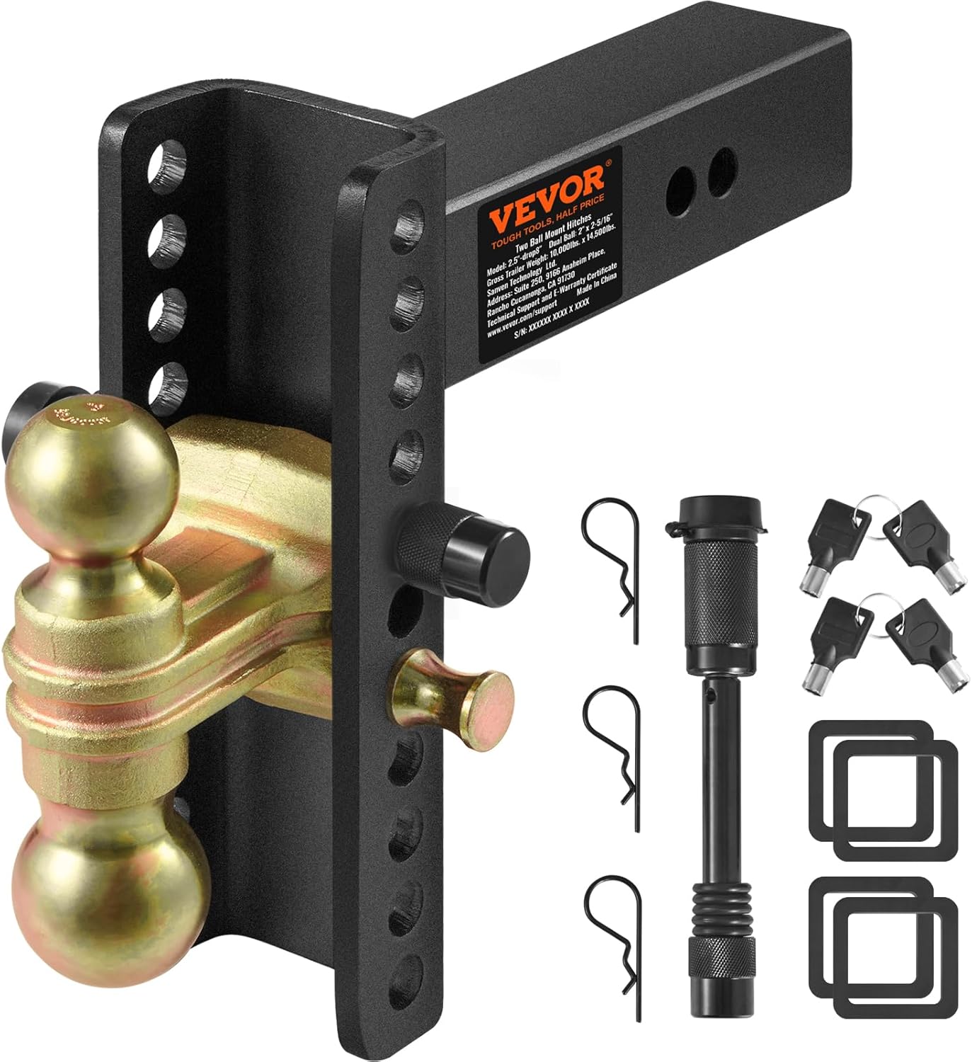 VEVOR Enganche de remolque ajustable, caída de 8 pulgadas y montaje de bola de enganche de elevación de 6.5 pulgadas con receptor de 2.5 pulgadas,