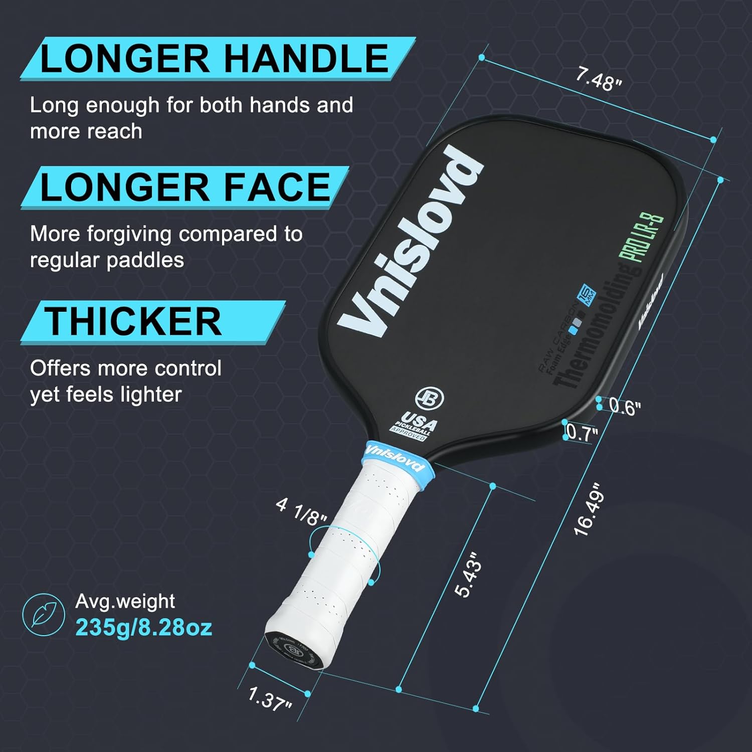 Vnislovd T700 – Paleta de pickleball de fibra de carbono cruda termoformada Unibody Pickleball con espuma inyectada CFS, agarre de 4.13 pulgadas