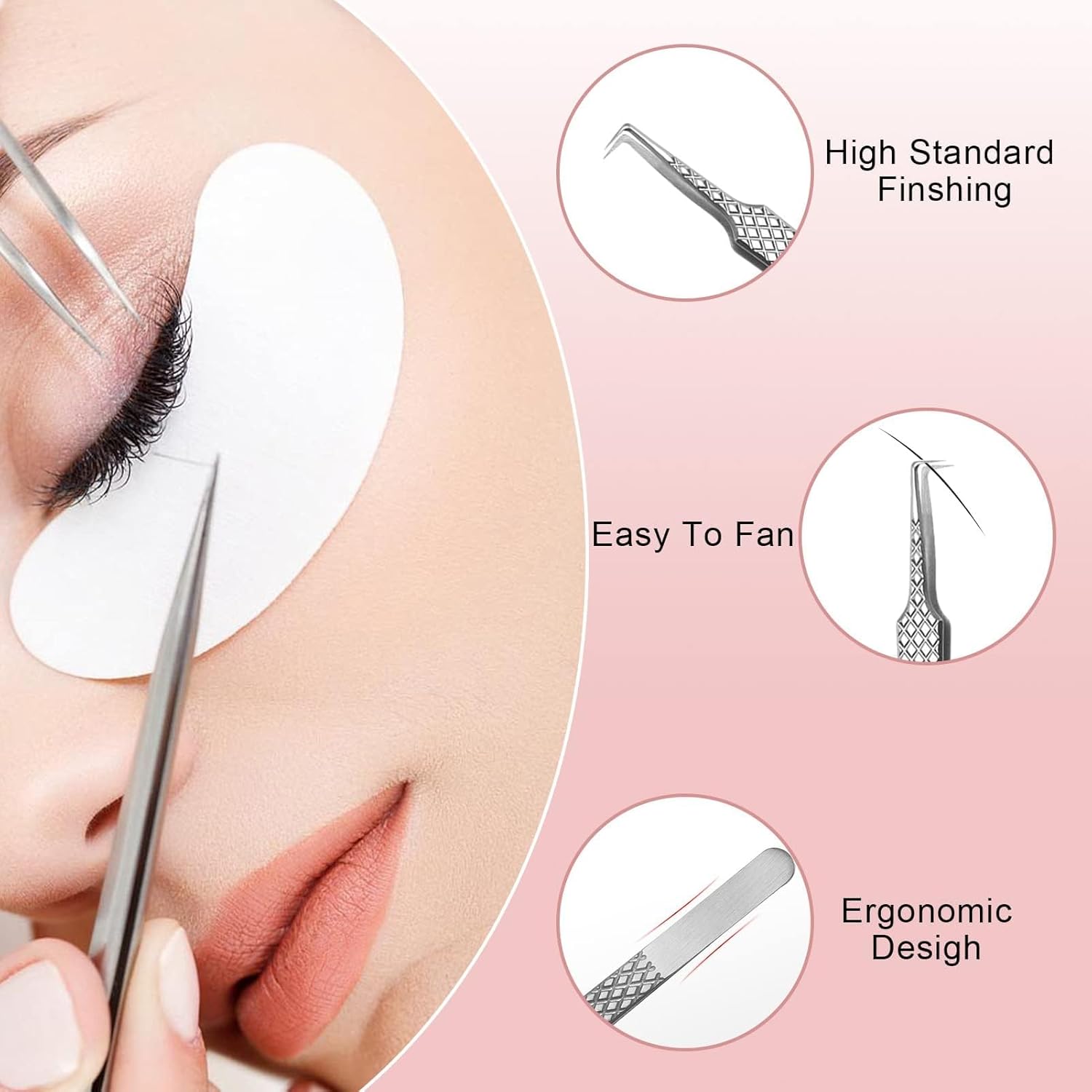 Pinzas para extensiones de pestañas, punta de acero inoxidable de precisión, curvada recta, 90 grados, pinzas profesionales de fibra de agarre
