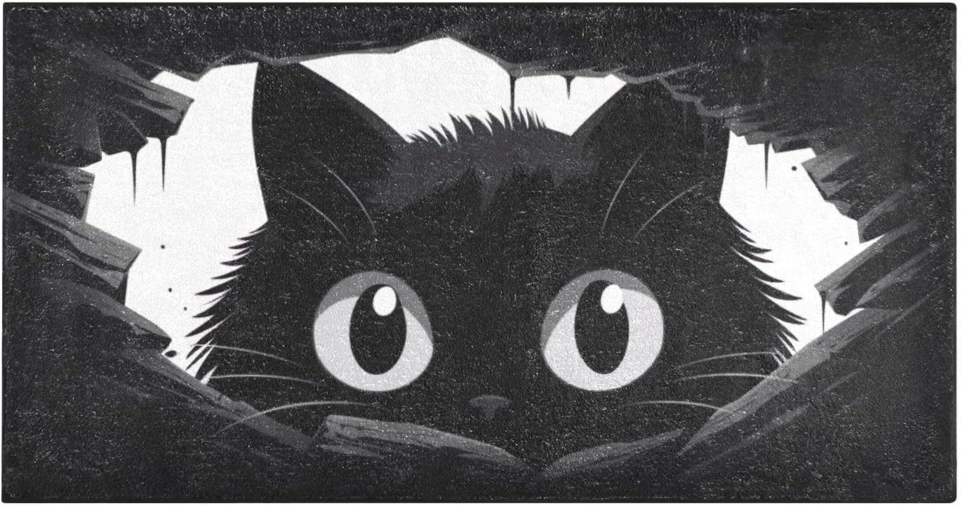 Joisal Tapete de felpa con diseño de gato negro para baño, absorbente antideslizante, tapete de baño lavable con parte trasera de goma, 39 x 20