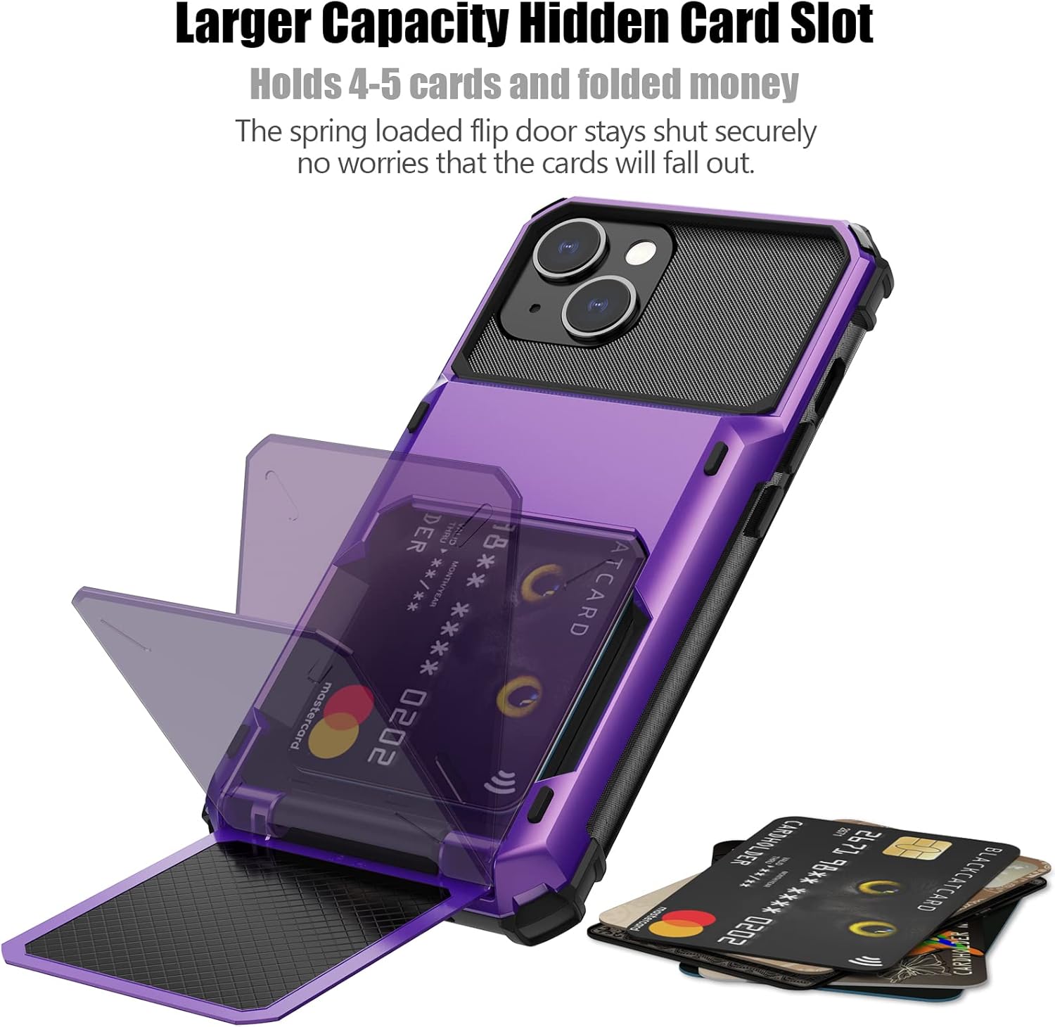 Nvollnoe Funda compatible con iPhone 15 con tarjetero almacena 5 tarjetas Funda de doble capa resistente a prueba de golpes con ranura oculta para