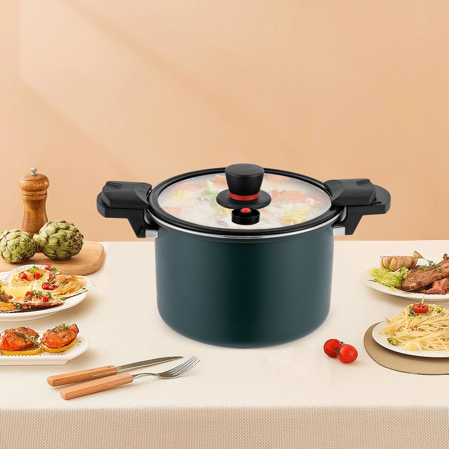 Olla a presión de acero inoxidable de 7.4 cuartos de galón de capacidad, válvula de resorte, dispositivos de protección con tapa de vidrio