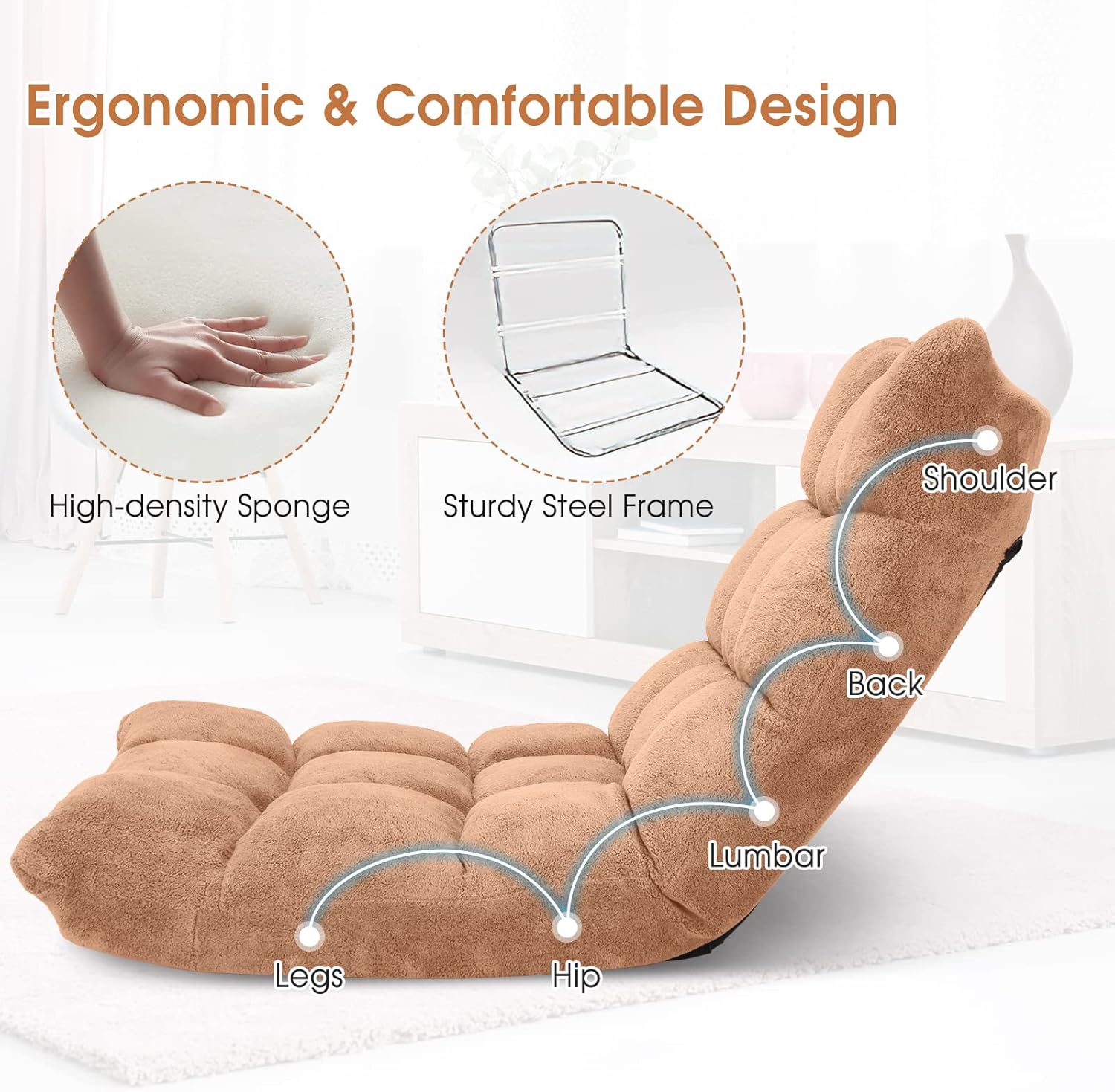 GORELAX Silla de piso de espuma viscoelástica, silla reclinable ajustable de 14 posiciones, silla de meditación acolchada plegable con soporte para