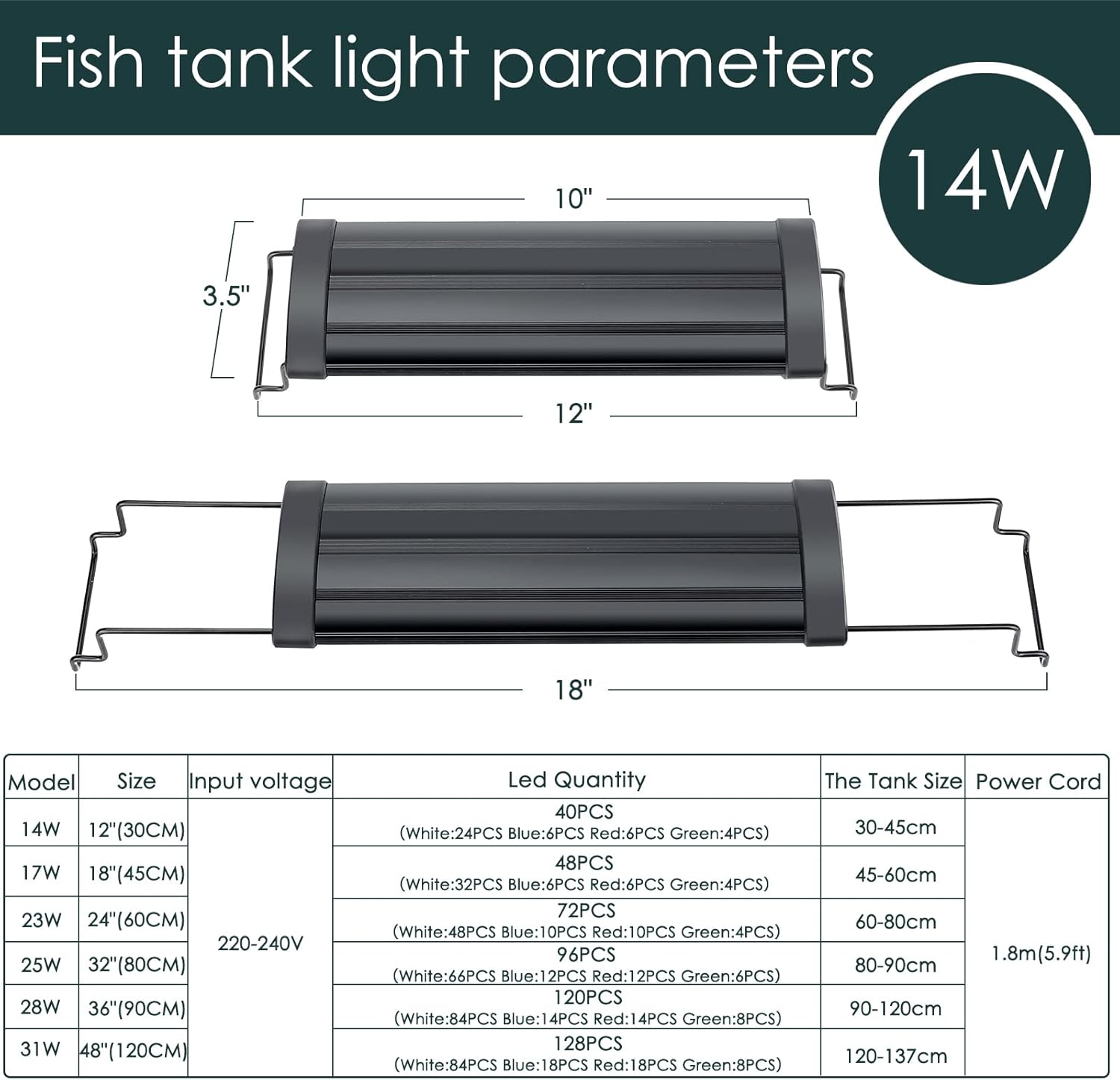 AQQA Luz de acuario, luces LED de espectro completo, luces LED ajustables de 12 a 54 pulgadas, multicolor, blanco, azul, rojo, verde, con soportes