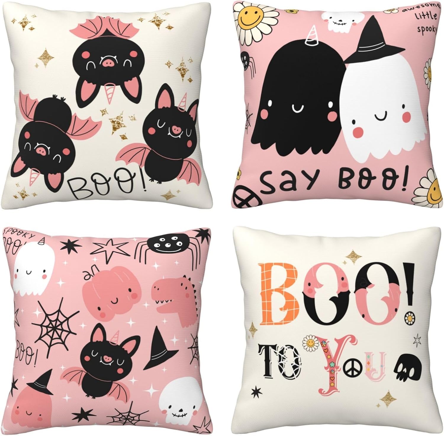 Juego de 4 fundas de almohada de Halloween, diseño de calavera con diseño de calabaza, fantasma, groovy, rosa, diseño de estrellas, flores,