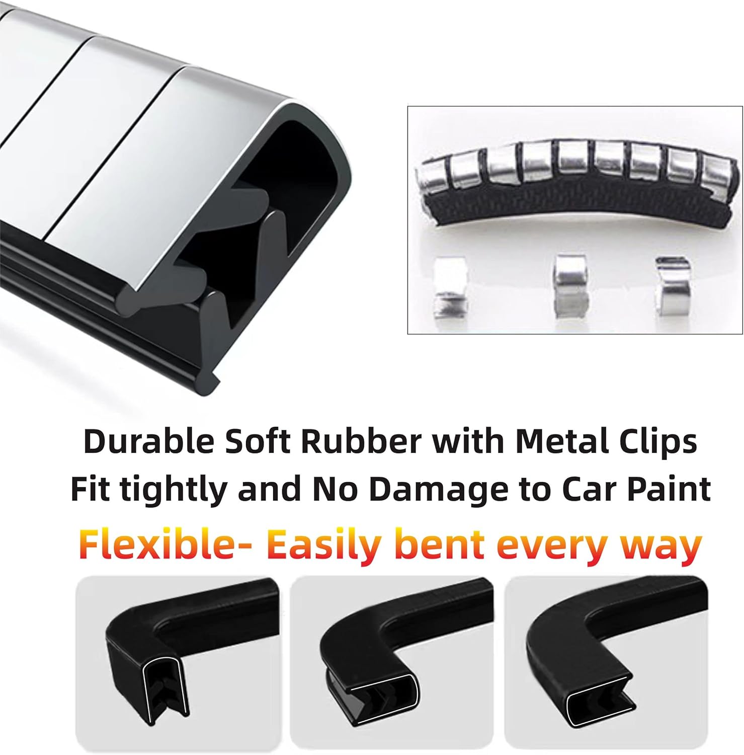 Shine & Bright Auto Protectores de borde de puerta de automóvil de 12 pies en forma de U, tira de borde con material de PVC y clips de metal, ajuste