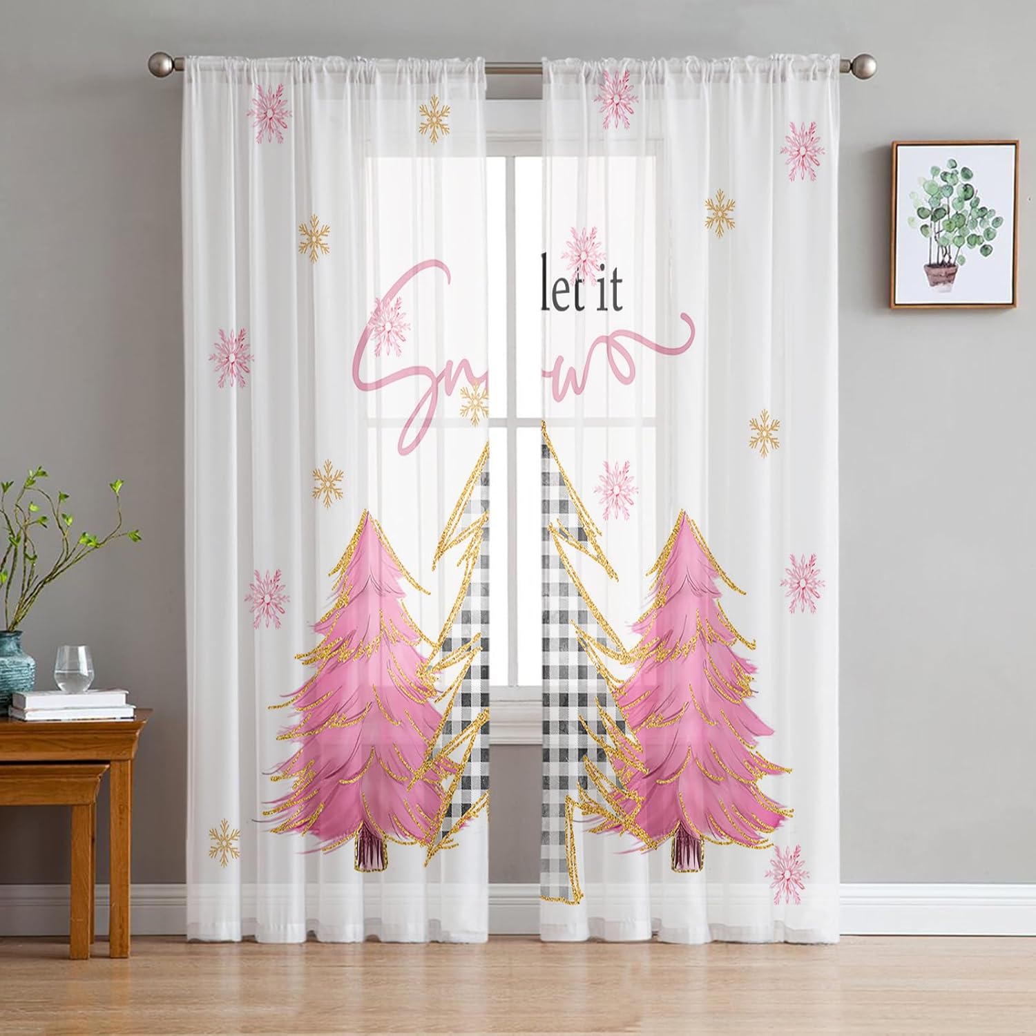 Cortinas de Navidad para sala de estar, cortinas traslúcidas para árbol de Navidad, cortinas de ventana con bolsillo para barra, cortinas de ventana