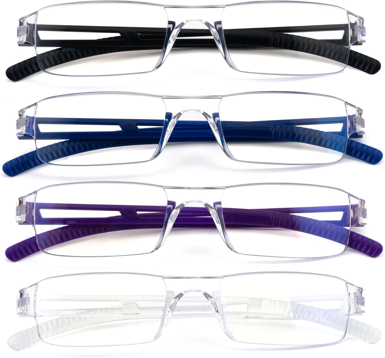 Paquete de 4 lentes de lectura sin marco, marcos transparentes de luz azul, ligeros para hombres y mujeres