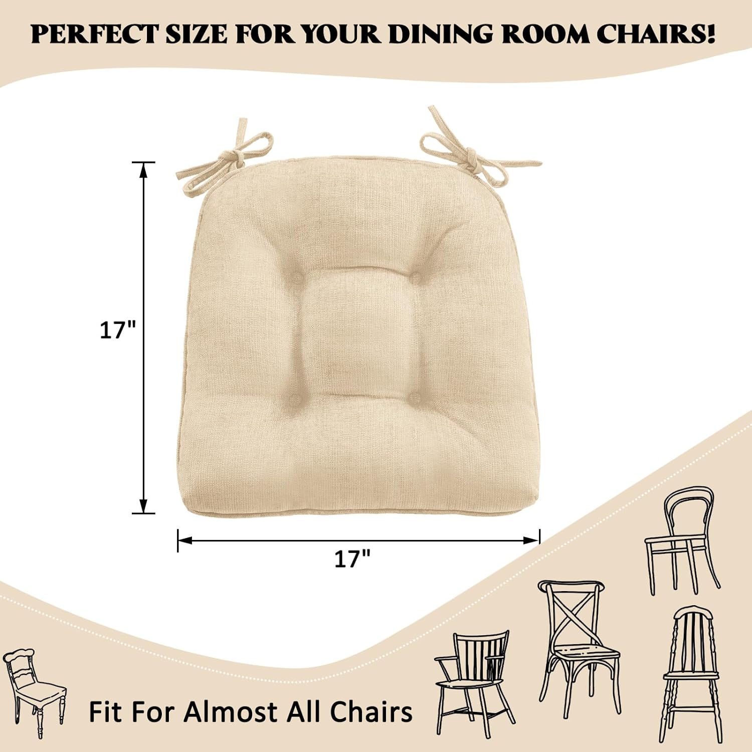 HARBOREST Juego de 4 cojines para sillas de comedor, cojines copetudos de felpilla para sillas de cocina con lazos y parte inferior antideslizante,