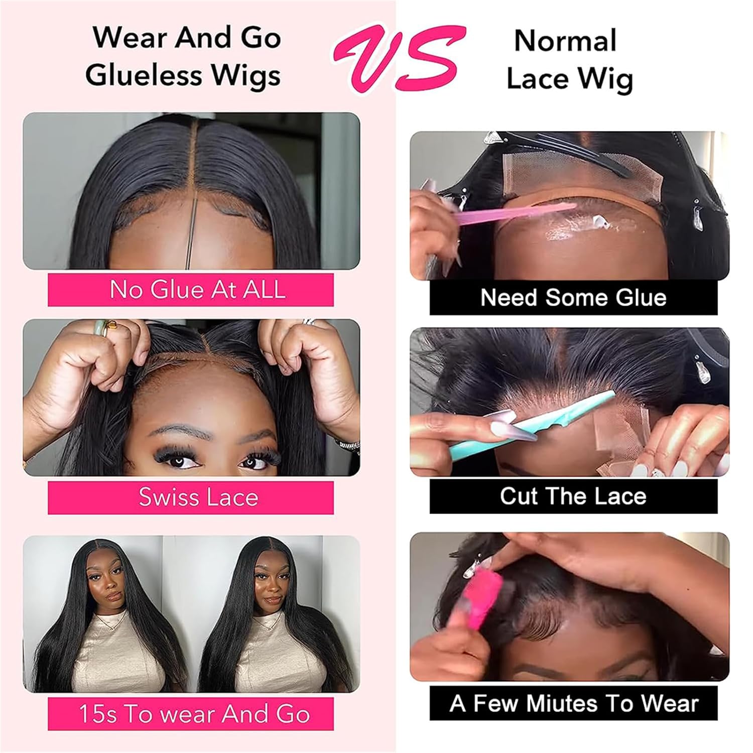 Wear and Go – Peluca con cierre de encaje sin pegamento para principiantes, encaje HD de 5 x 5, densidad del 180 %, previamente despuntada y