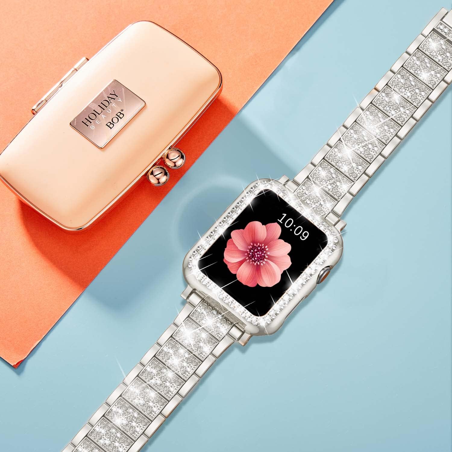 SUPOIX Compatible con Apple Watch Band de 1.614 pulgadas + funda, correa de metal con diamantes brillantes para mujer y paquete de 2 fundas