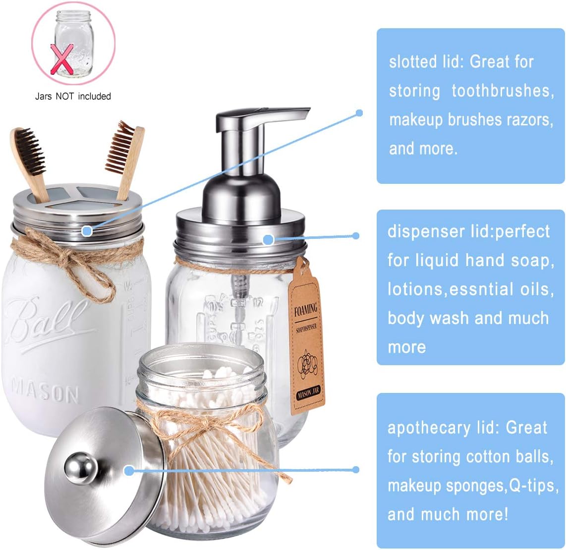 Juego de accesorios de baño Mason Jar (4 piezas)  Tarros no incluidos  Dispensador de jabón espumoso, soporte para cepillos de dientes y tapas de