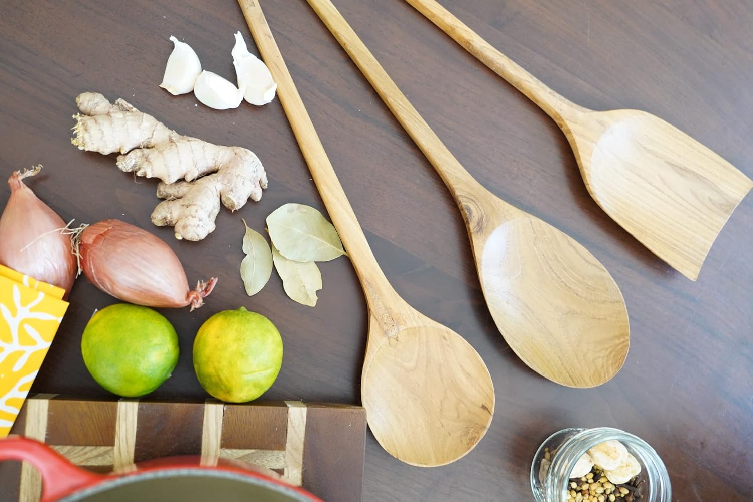 Juego de 3 utensilios de cocina de madera de teca de 14 pulgadas (dos cucharas y una espátula)