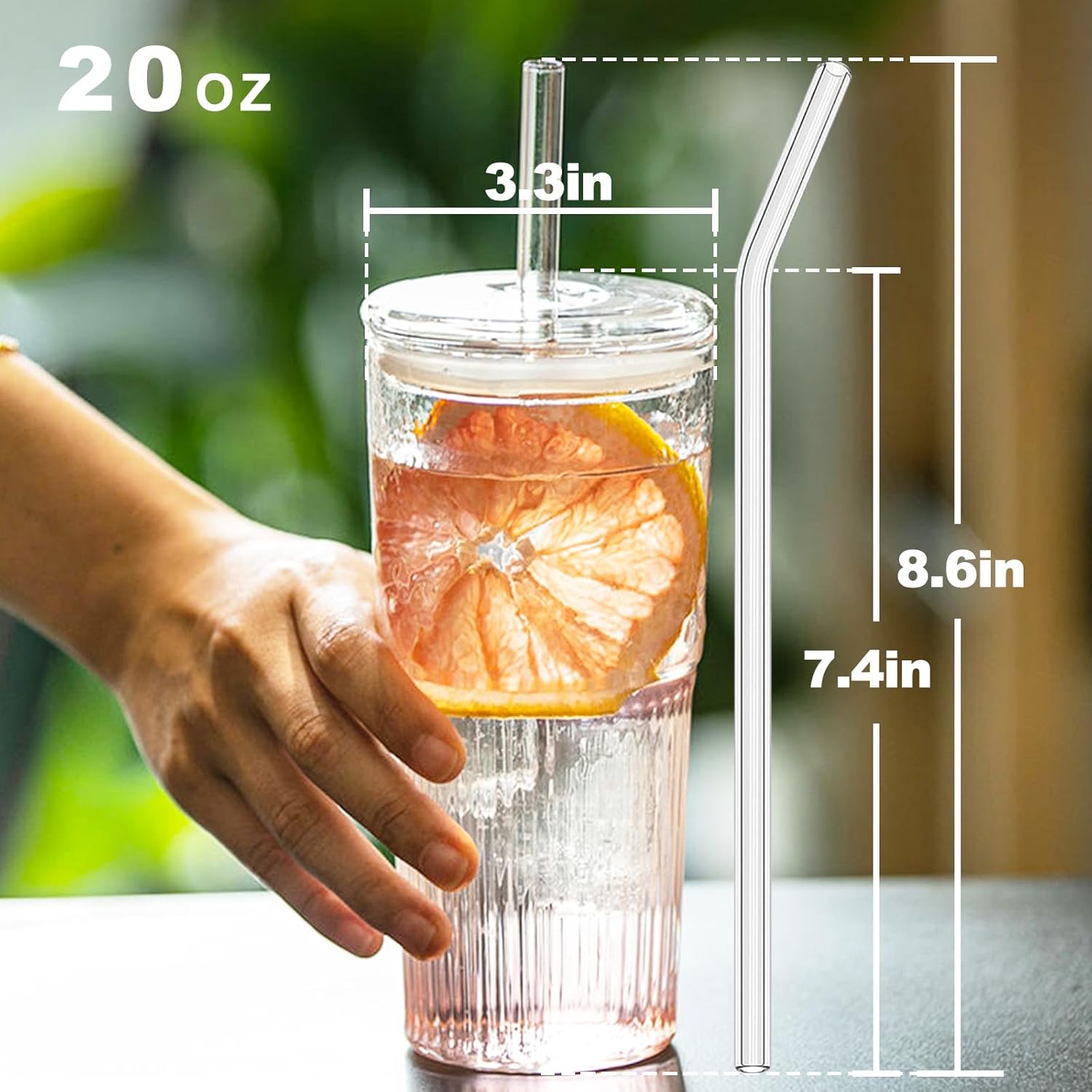 Vaso de vidrio con popote y tapa, vasos transparentes de 20 onzas para café helado, jugo, té, leche, batido y bebidas frías o calientes, juego de 2
