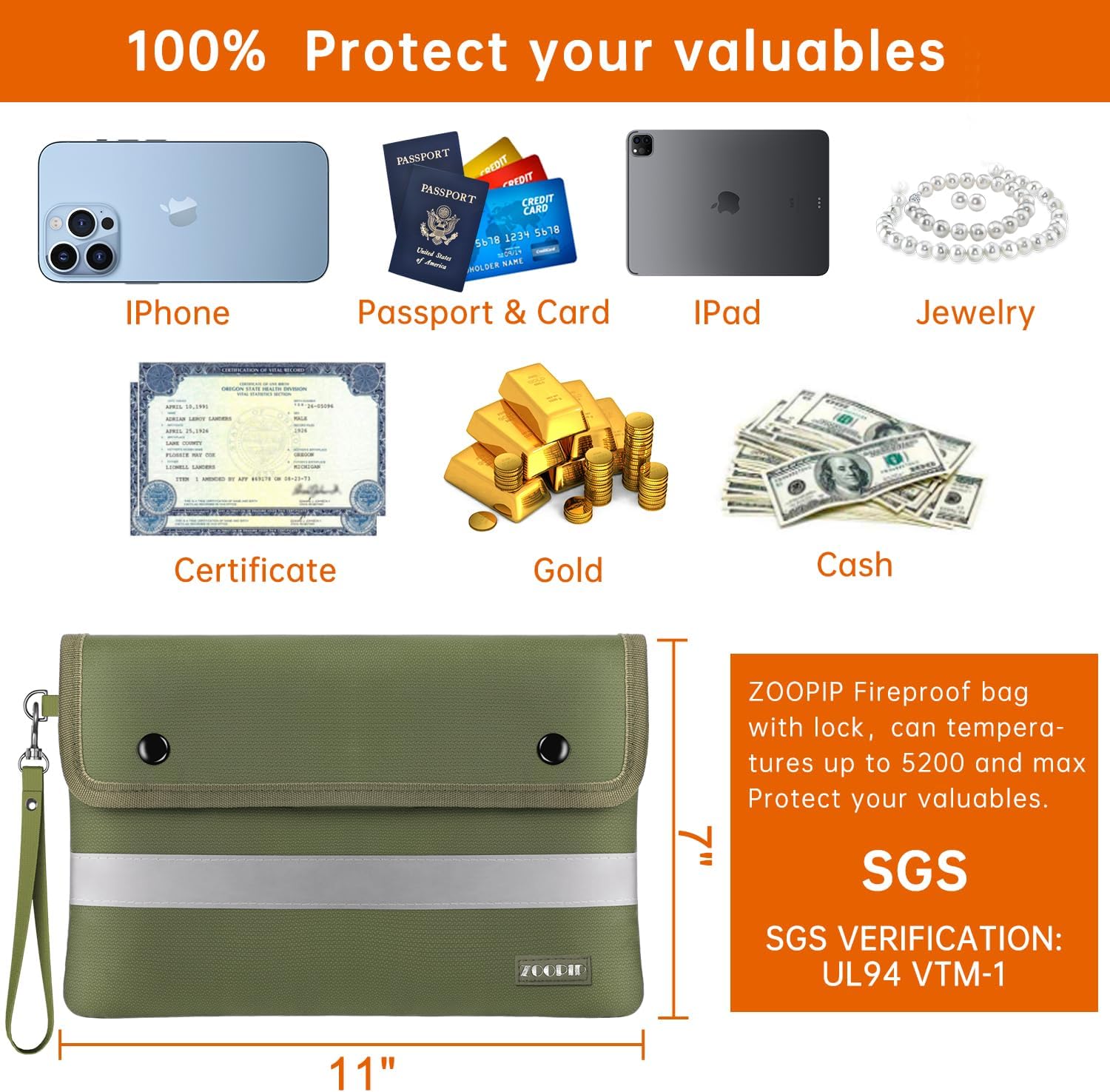Bolsa de dinero ignífuga con cerradura, bolsa impermeable con aislamiento térmico de 5200 F, (11 x 7 pulgadas), 8 capas de materiales funcionales,