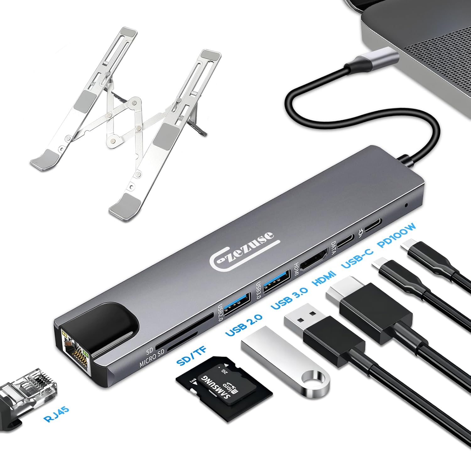 Estación de acoplamiento USB C con soporte para laptop, concentrador USB C 8 en 1 con puerto HDMI 4K 30Hz, 1 puerto USB-A 3.01 x USB-A 2.0 y 2