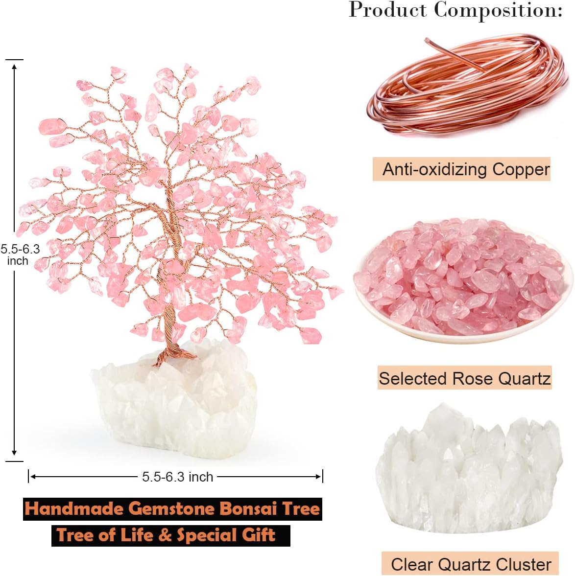 MASGEMES Gemstone Crystal Tree of Life,Natural Rose Quartz Clear Quartz Cluster Base,Healing Crystal Positive Energy Bonsai Feng Shui Money Tree