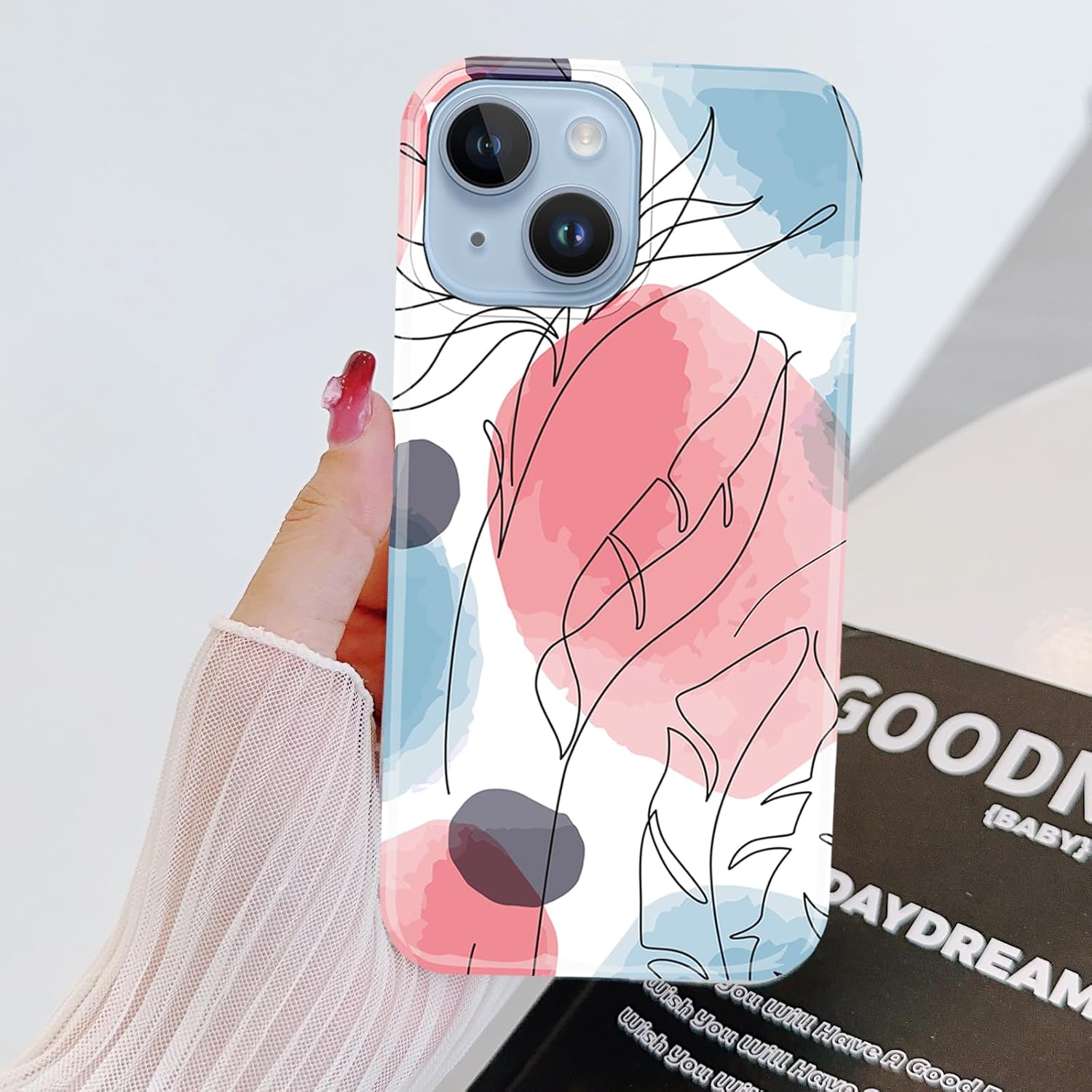 J.west Funda para iPhone 14 Plus 6.7, estética, acuarela, minimalista, bohemio, moderno, impresiones abstractas delgadas, línea geográfica, patrón