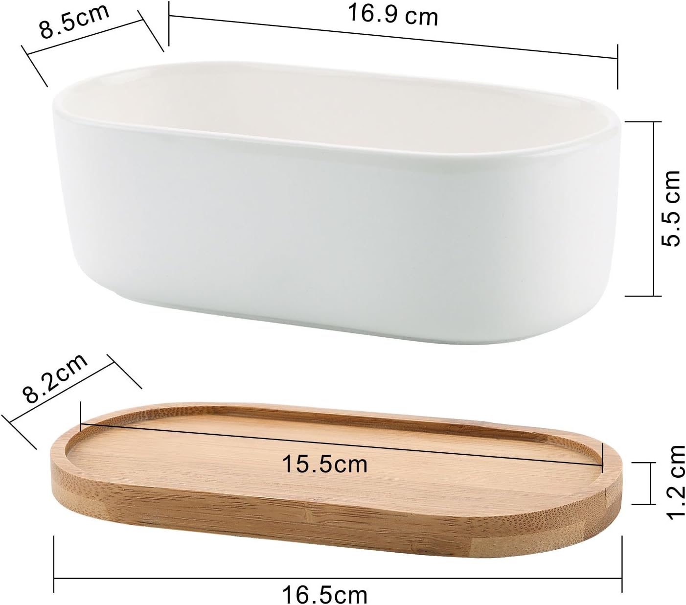 T4U Macetas pequeñas blancas para suculentas con bandeja de bambú, contenedor ovalado para plantas de cactus para decoración de mesa de oficina en