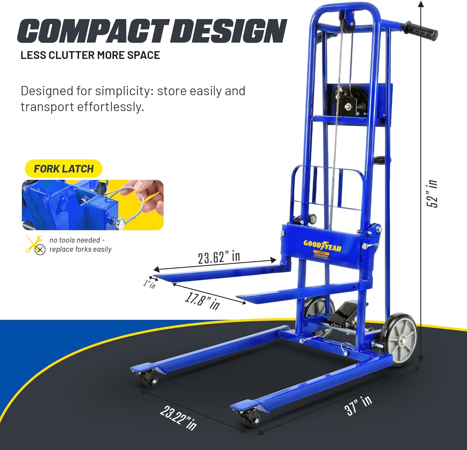 Goodyear Apilador de cabrestante de elevación de material, carretilla de paleta, 330 libras 40″ elevación máxima con ruedas de 8 pulgadas, ruedas