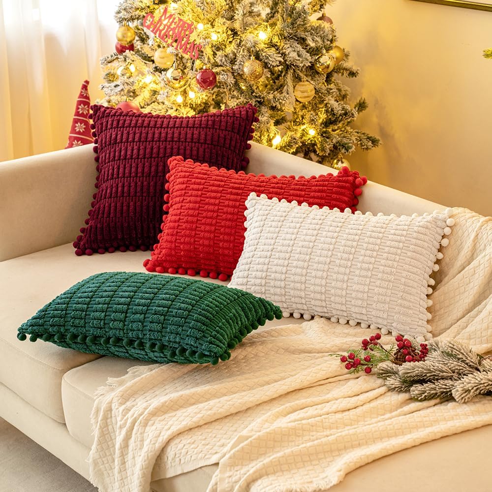MIULEE Juego de 2 fundas de almohada decorativas de pana roja, con pompones, suaves, bohemias, a rayas, modernas, para decoración del hogar, para