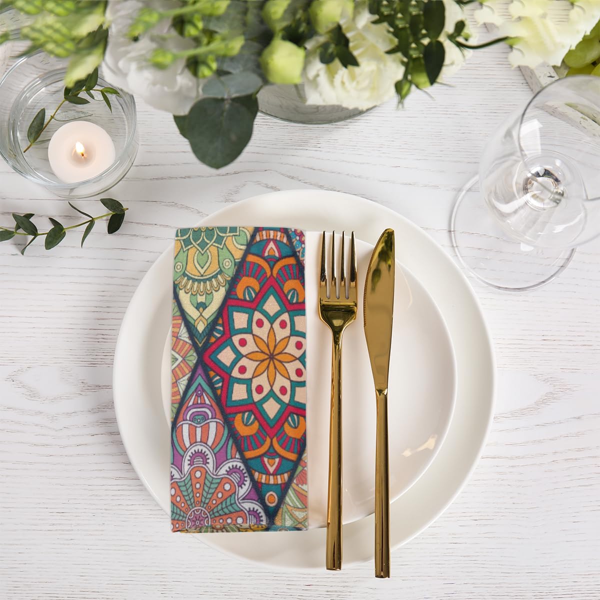 Juego de 6 servilletas de tela con diseño de mandala bohemio de 20 x 20 pulgadas, patrón étnico, lavables, reutilizables, para cocina, decoración de